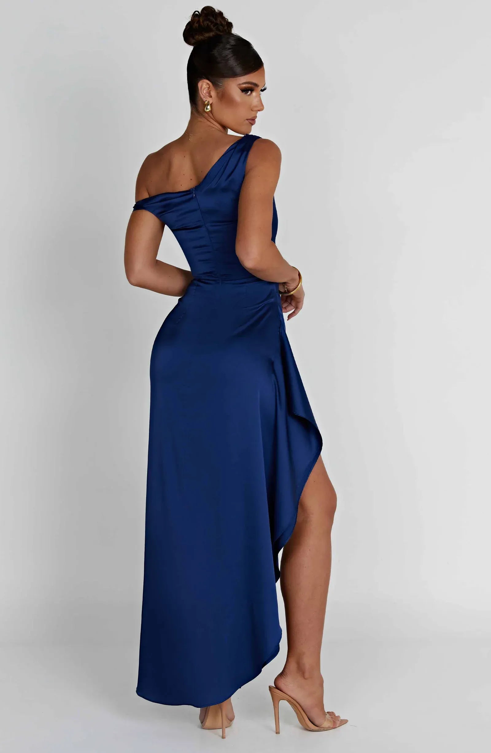 One Shoulder Off Shoulder Ruffle High Slit Royal Blue Satin Maxi Wedding Guest Dresses