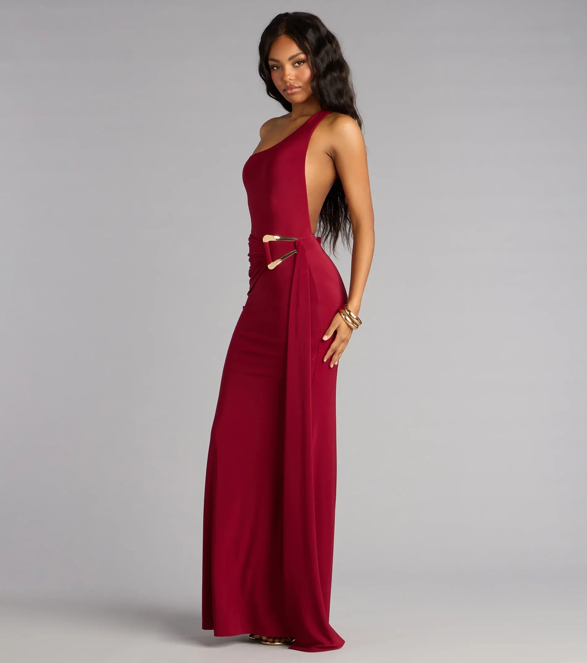 One Shoulder Open Back Gold Buckle Sash Ruched Mermaid Maxi Wedding Guest Dress