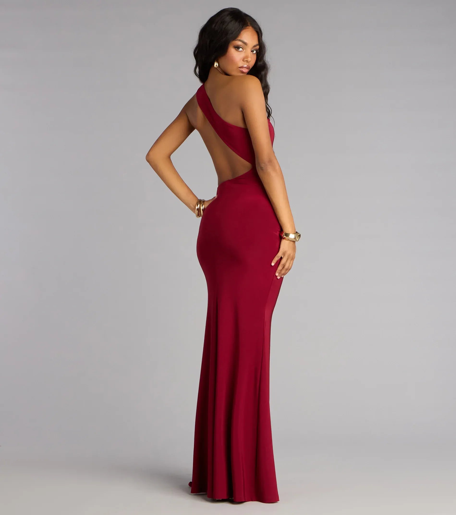 One Shoulder Open Back Gold Buckle Sash Ruched Mermaid Maxi Wedding Guest Dress