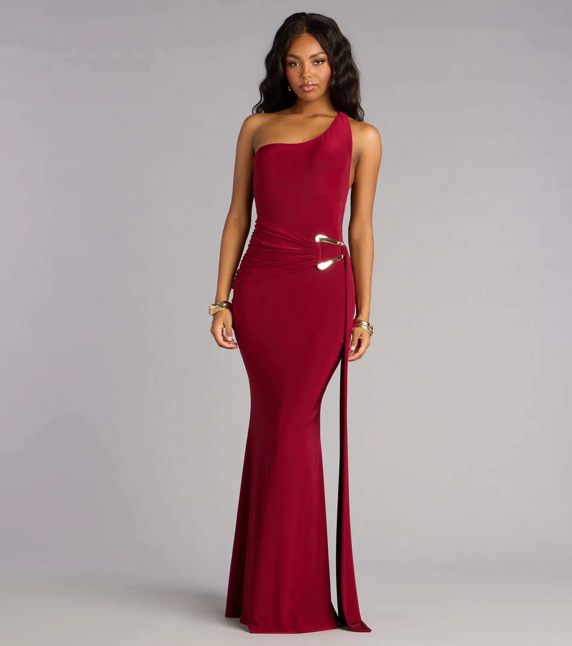 One Shoulder Open Back Gold Buckle Sash Ruched Mermaid Maxi Wedding Guest Dress