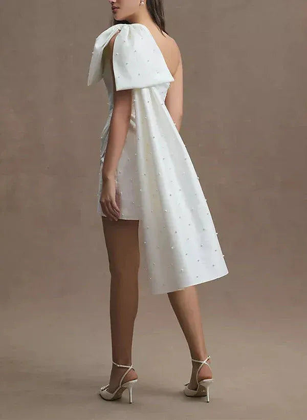 One Shoulder Oversized Bow Draped Pearl Stud Mini Satin Wedding Reception Dress