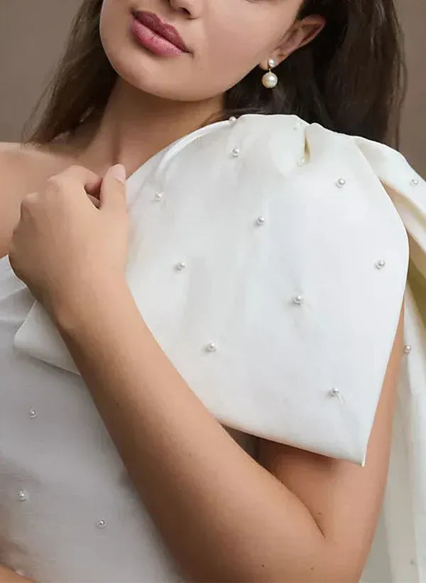 One Shoulder Oversized Bow Draped Pearl Stud Mini Satin Wedding Reception Dress