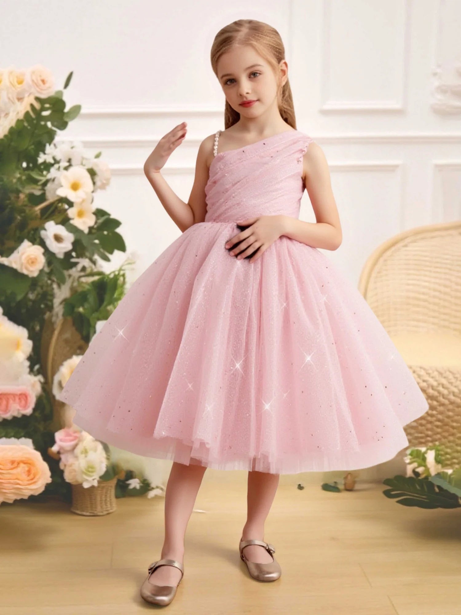 One Shoulder Pearl Strap Big Satin Bow Pink Glitter Star Tulle Short Flower Girl Dresses
