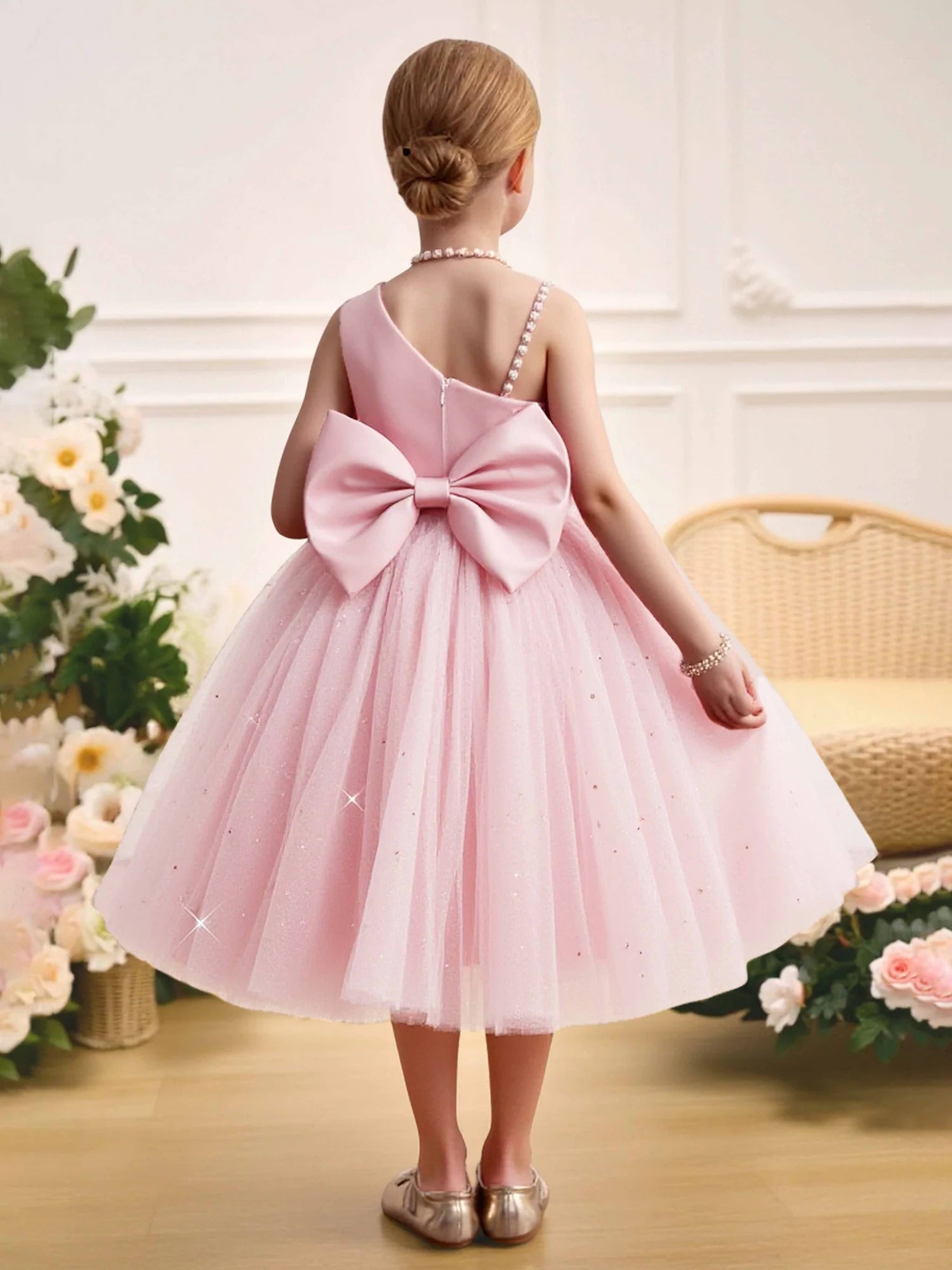 One Shoulder Pearl Strap Big Satin Bow Pink Glitter Star Tulle Short Flower Girl Dresses