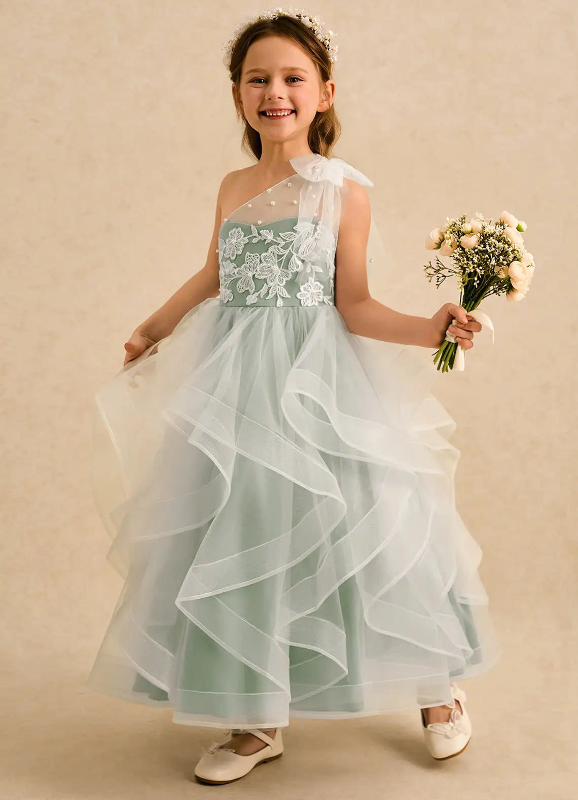 One-Shoulder Pearl Tulle Bow White Floral Lace Cascading Ruffle Sage Green Midi Flower Girl Dresses
