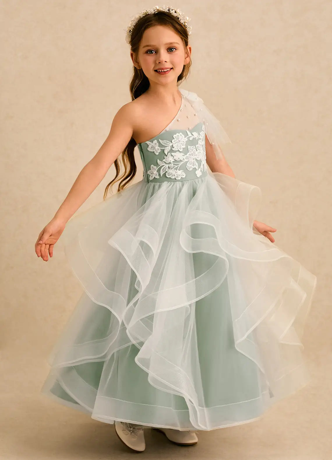 One-Shoulder Pearl Tulle Bow White Floral Lace Cascading Ruffle Sage Green Midi Flower Girl Dresses