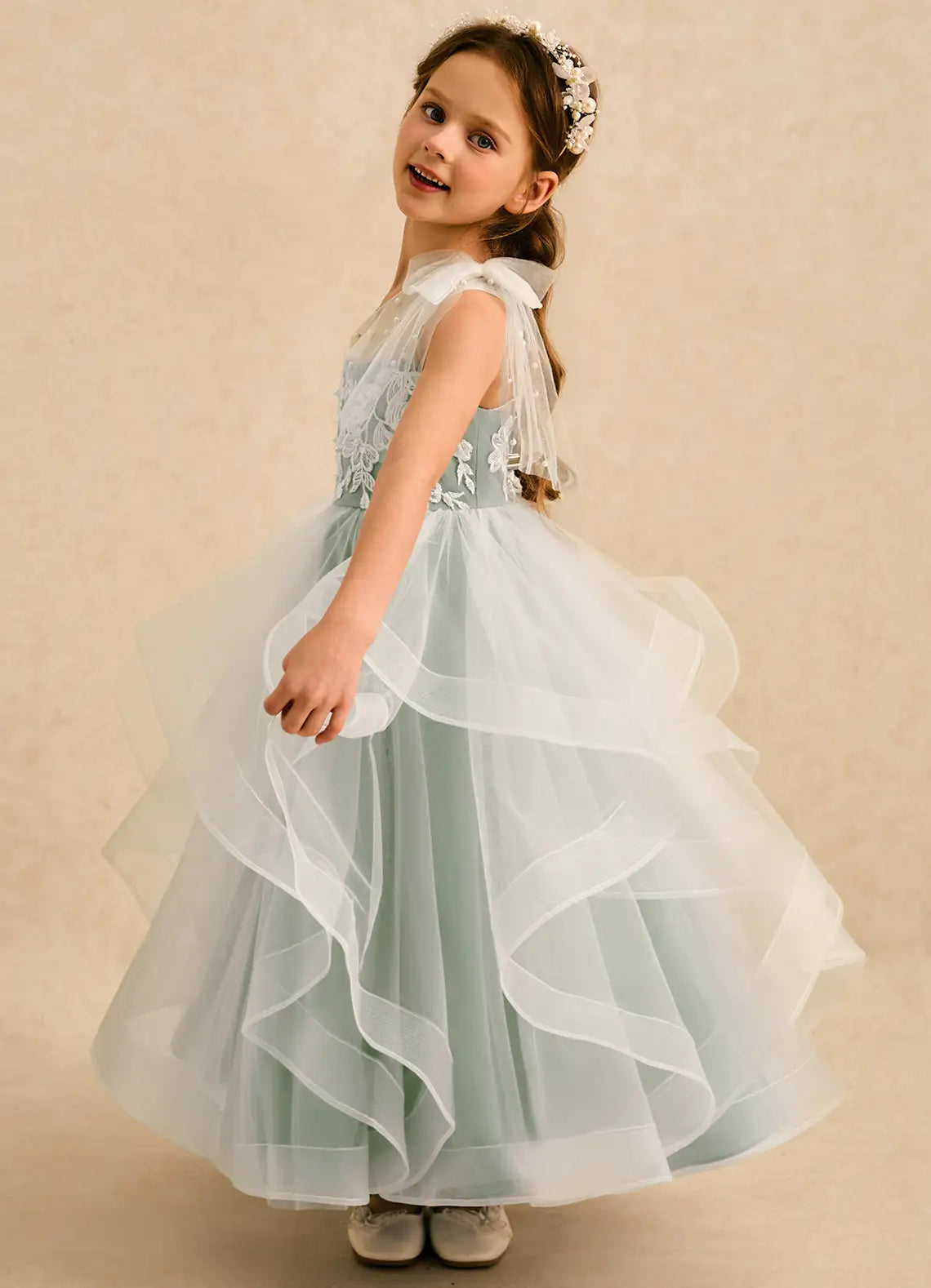 One-Shoulder Pearl Tulle Bow White Floral Lace Cascading Ruffle Sage Green Midi Flower Girl Dresses