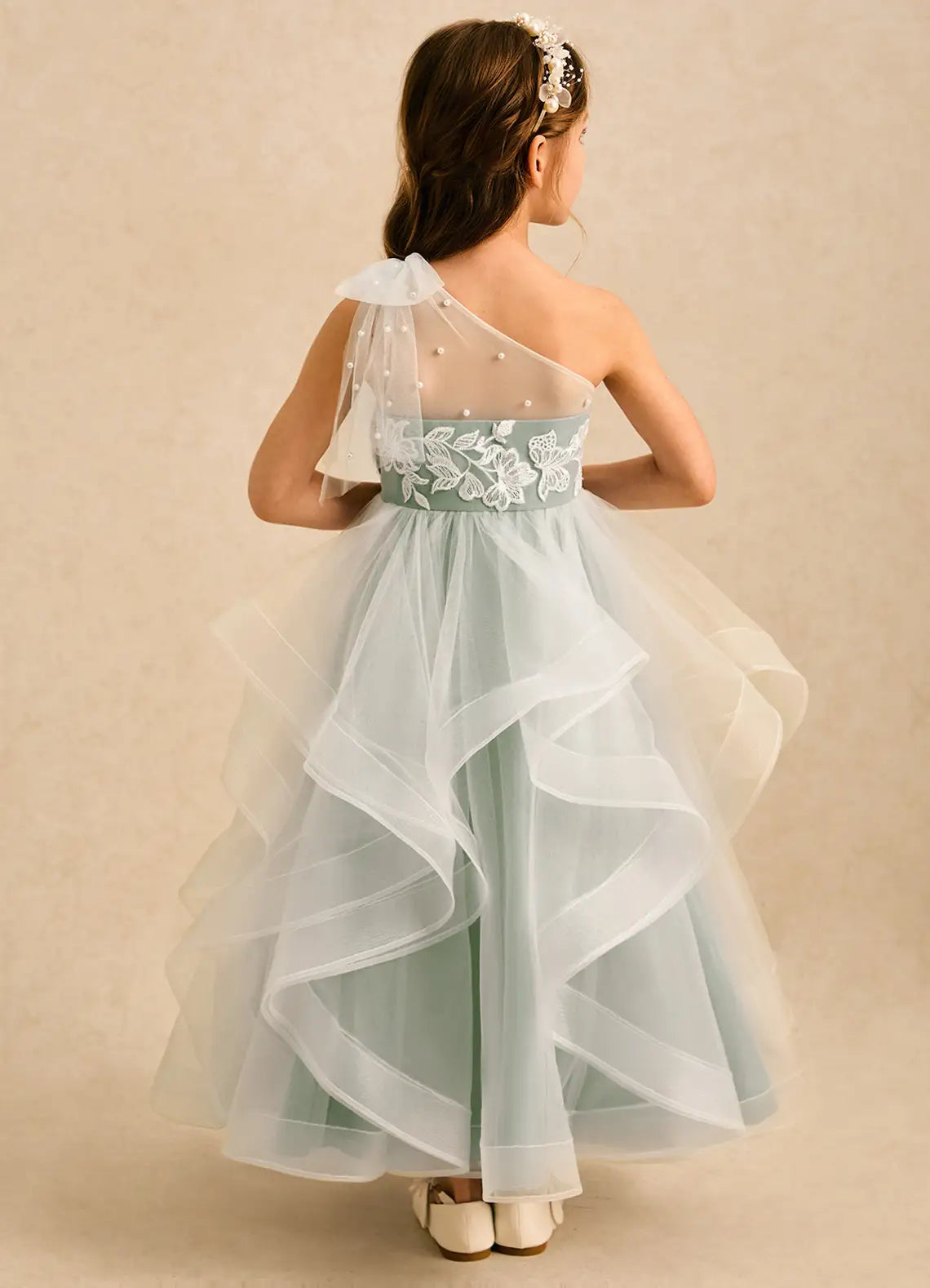One-Shoulder Pearl Tulle Bow White Floral Lace Cascading Ruffle Sage Green Midi Flower Girl Dresses