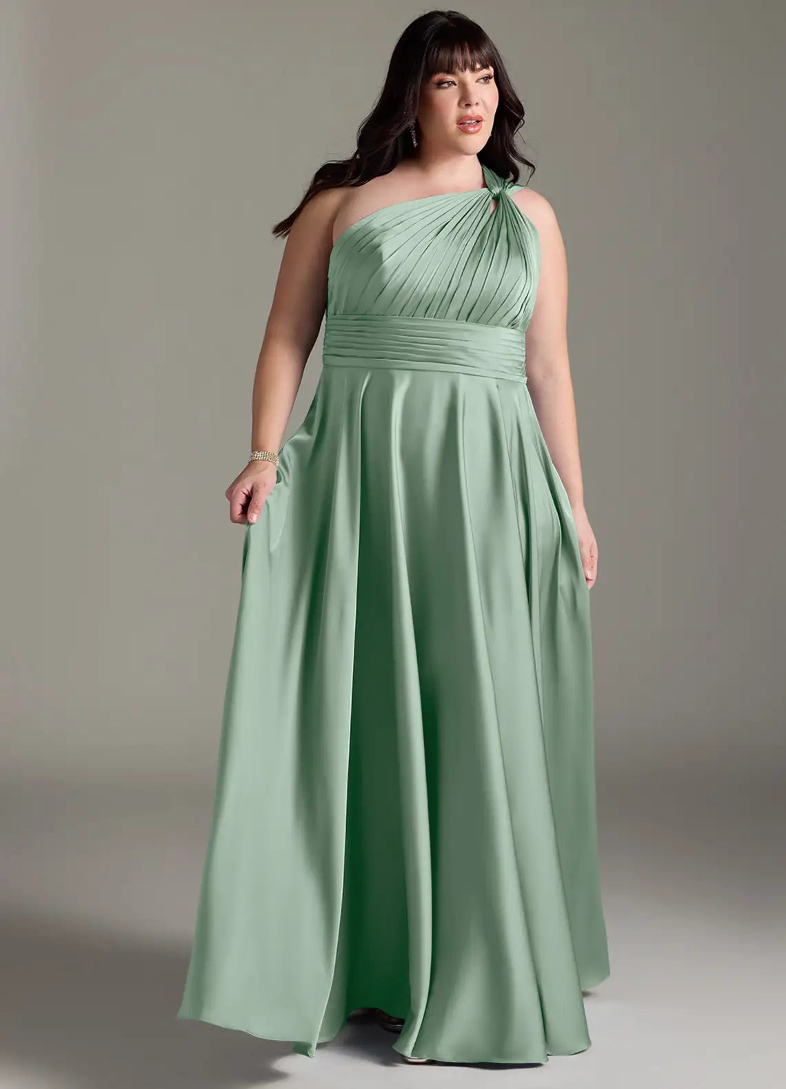 One-Shoulder Pleated Floor-Length Satin Plus Size Bridesmaid Dress