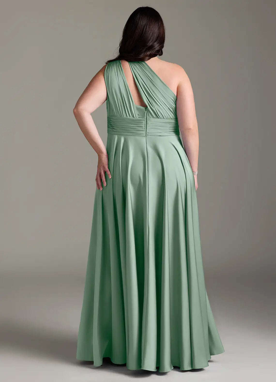 One-Shoulder Pleated Floor-Length Satin Plus Size Bridesmaid Dress