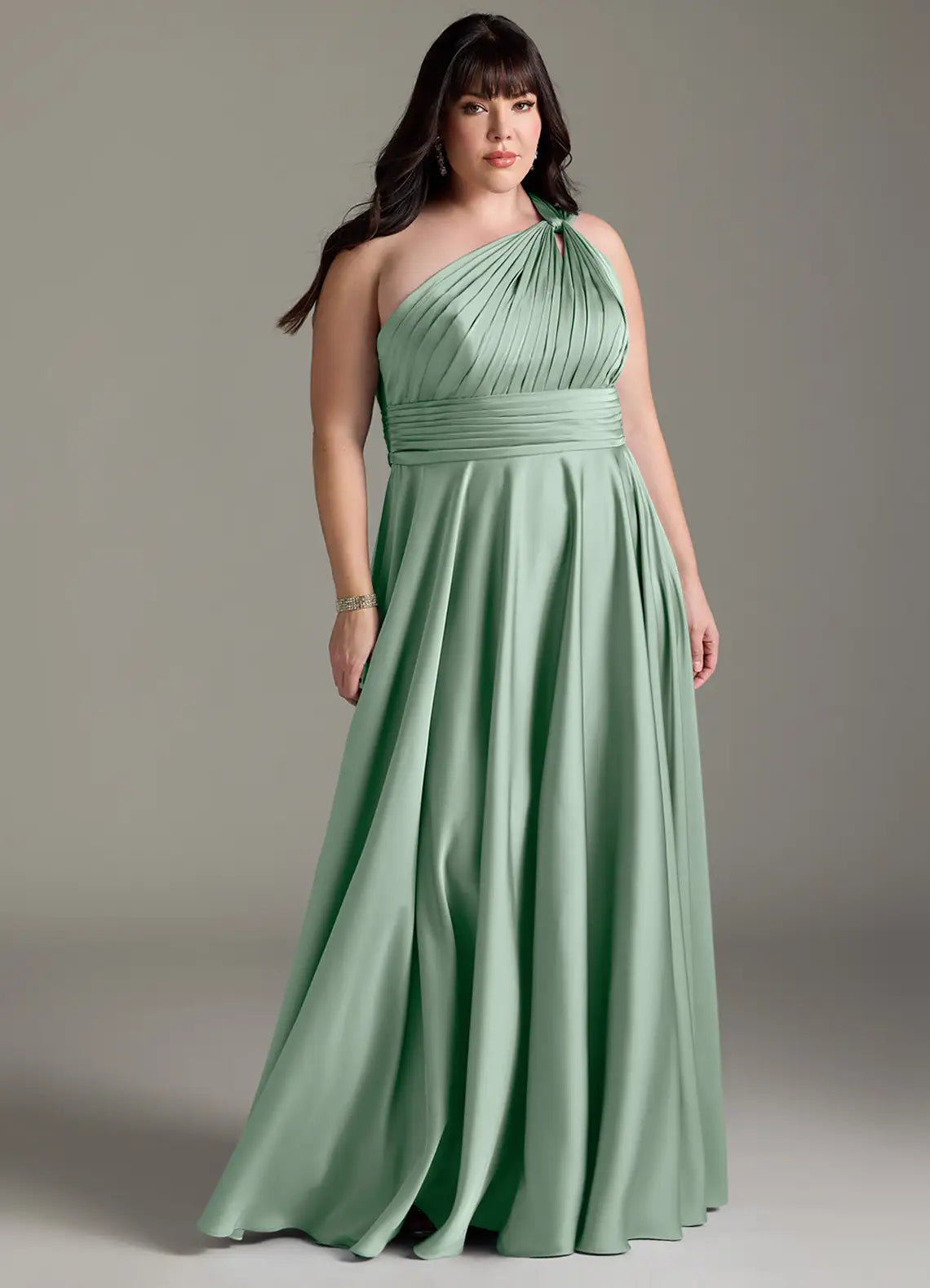 One-Shoulder Pleated Floor-Length Satin Plus Size Bridesmaid Dress