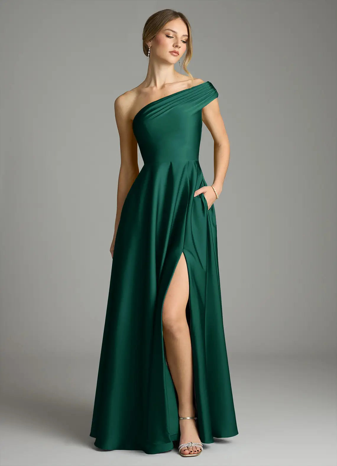 One-Shoulder Pleated Slit Floor-Length Satin Bridesmaid Dress