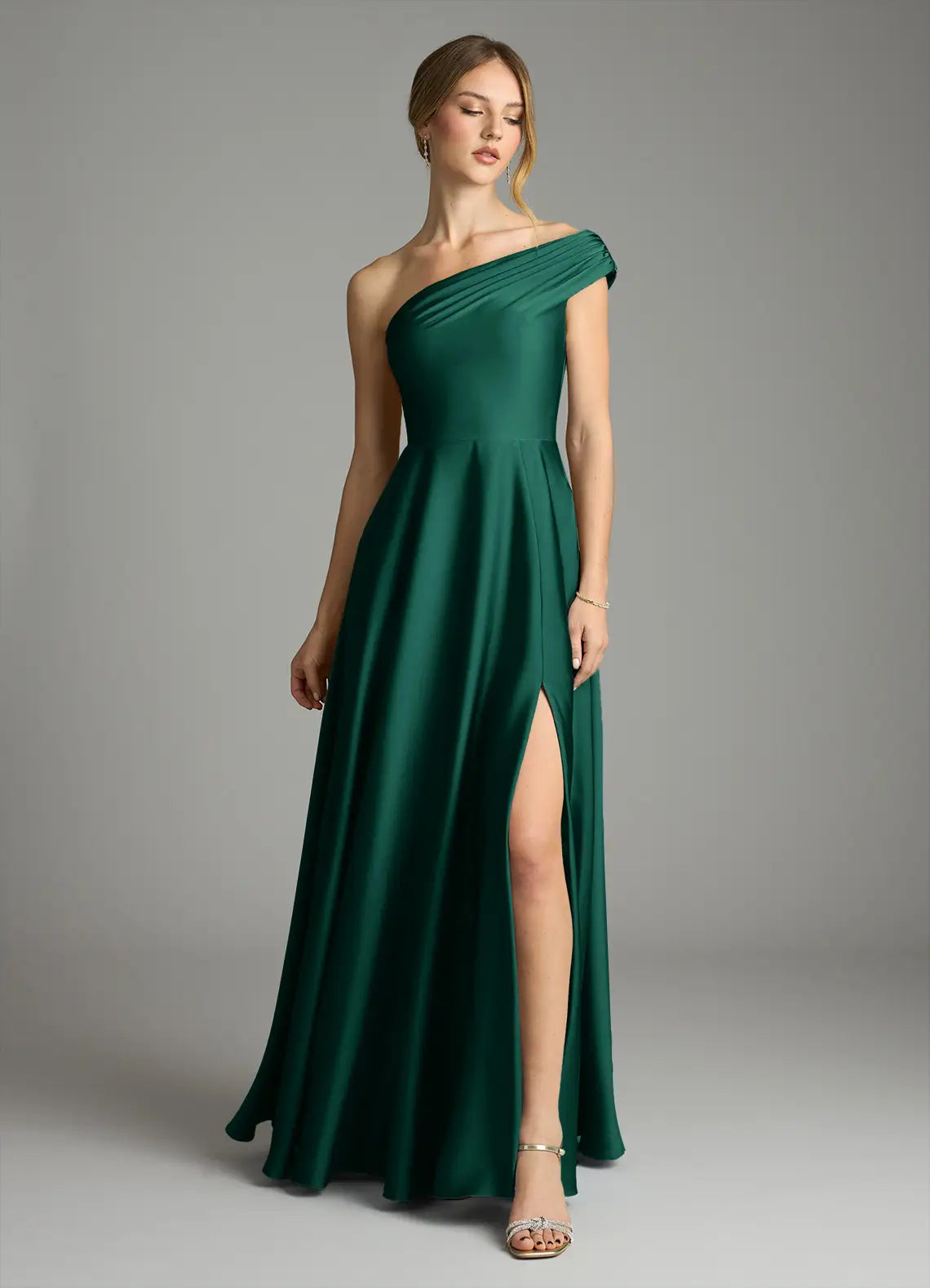 One-Shoulder Pleated Slit Floor-Length Satin Bridesmaid Dress