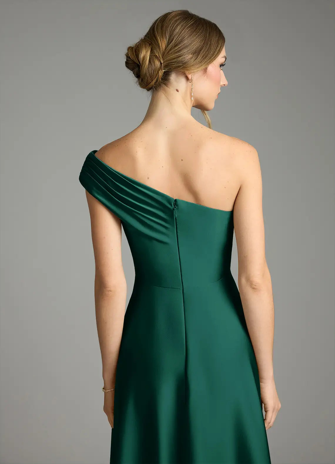 One-Shoulder Pleated Slit Floor-Length Satin Bridesmaid Dress
