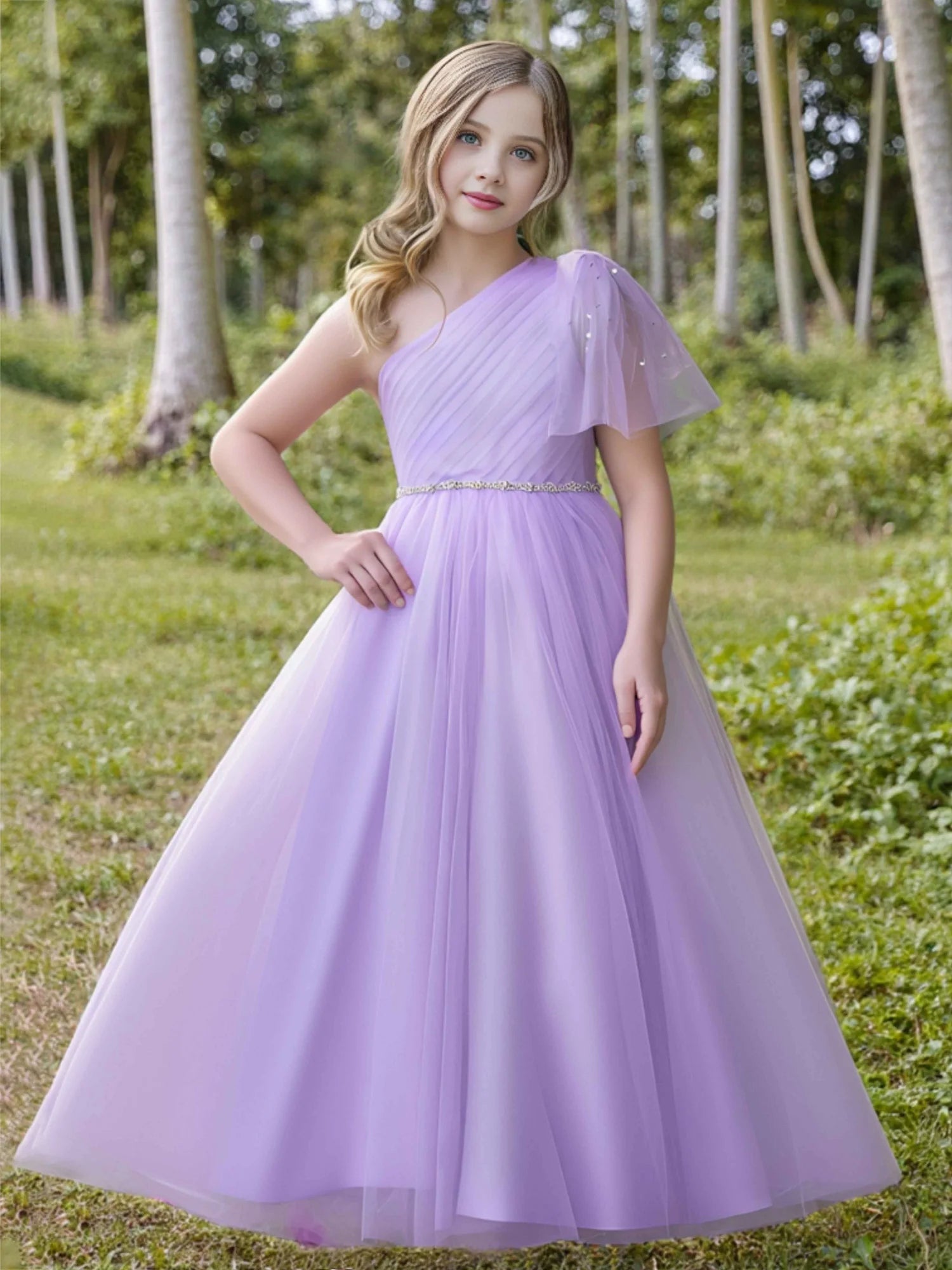 One Shoulder Rhinestone Waist Single Flutter Sleeve Lavender Tulle Midi Flower Girl Dresses