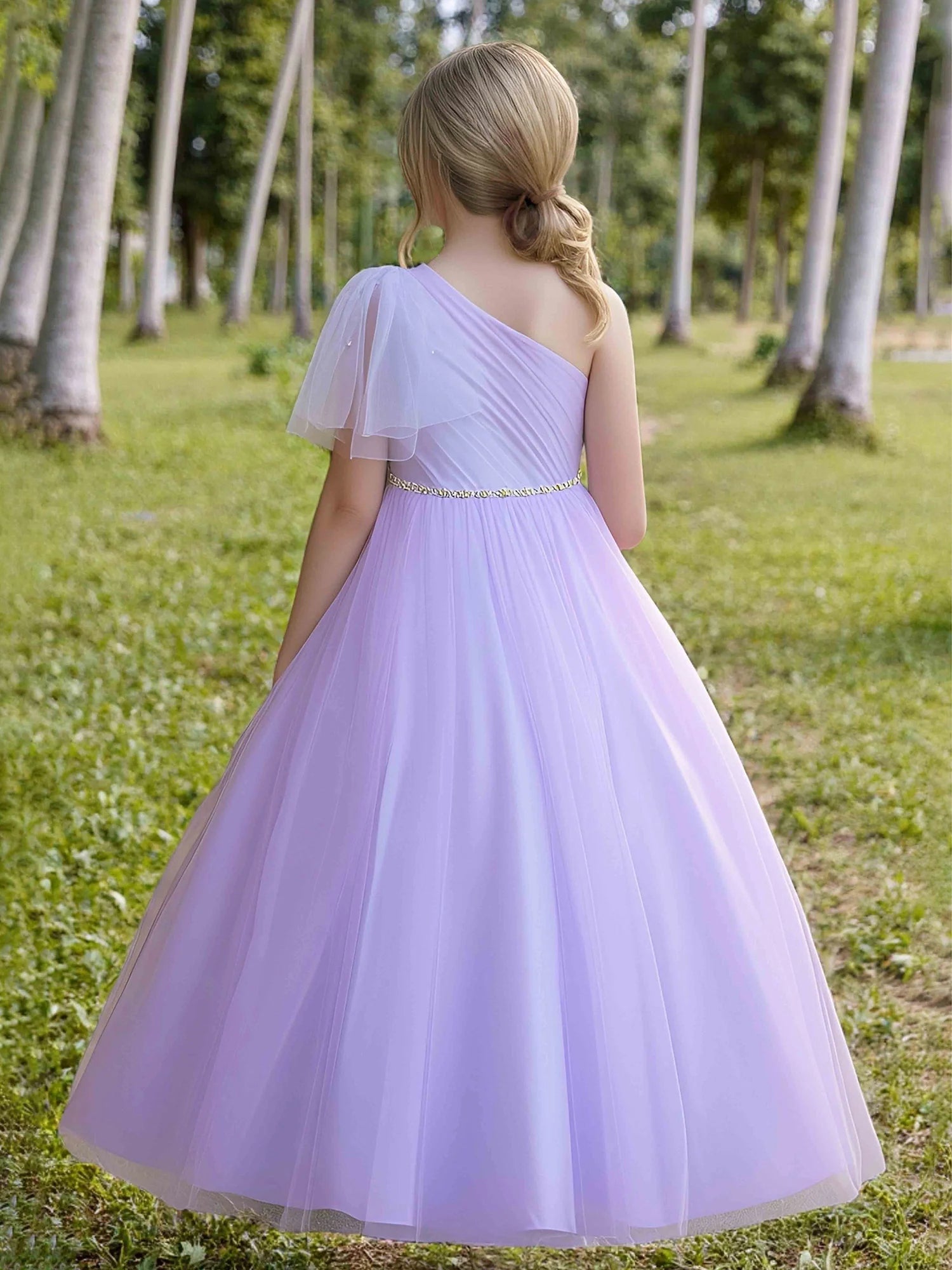 One Shoulder Rhinestone Waist Single Flutter Sleeve Lavender Tulle Midi Flower Girl Dresses