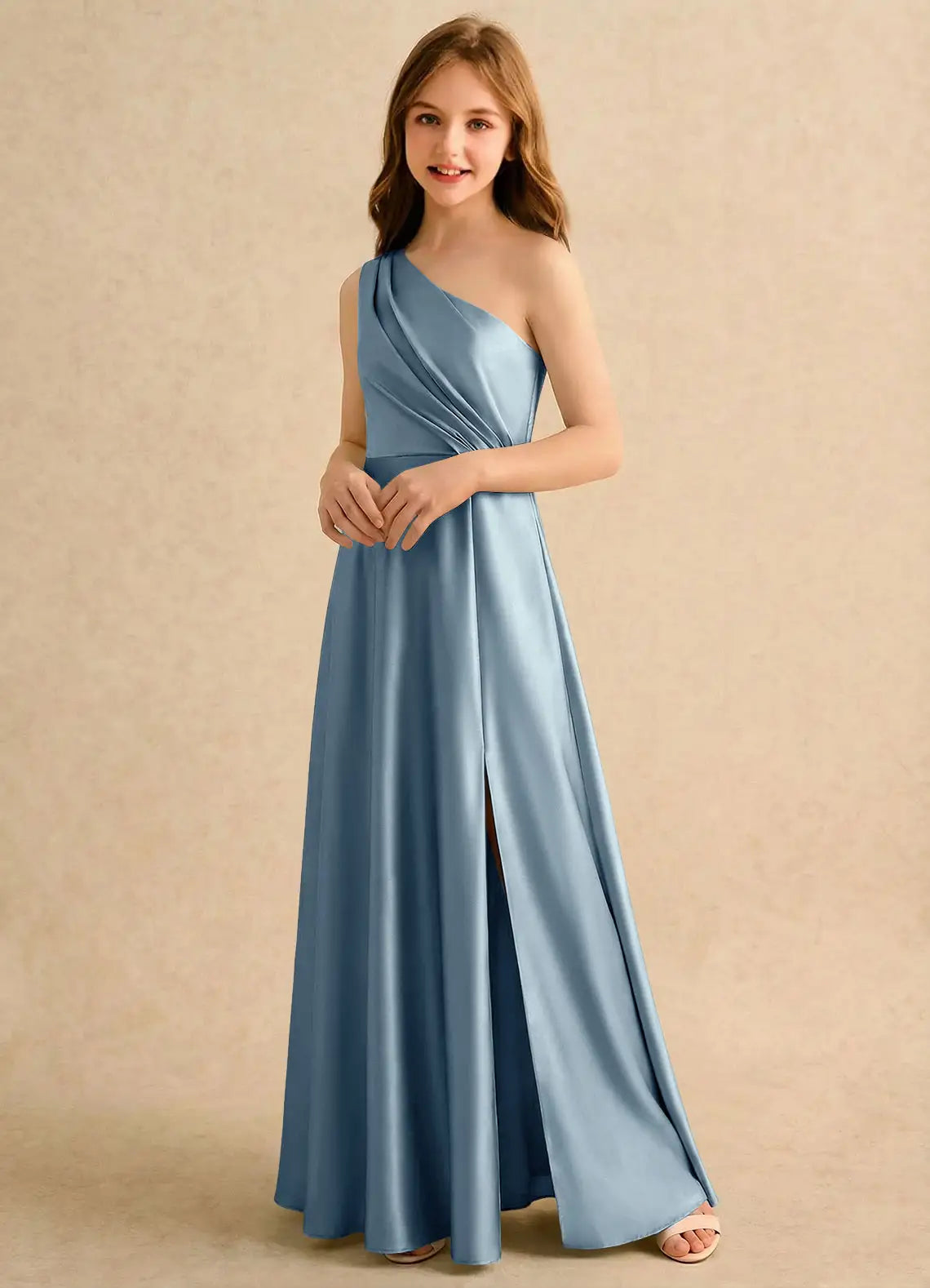 One Shoulder Ruched Back Self-Tie Bow Dusty Blue Satin Slit Full Length Junior Bridesmaid Dresses