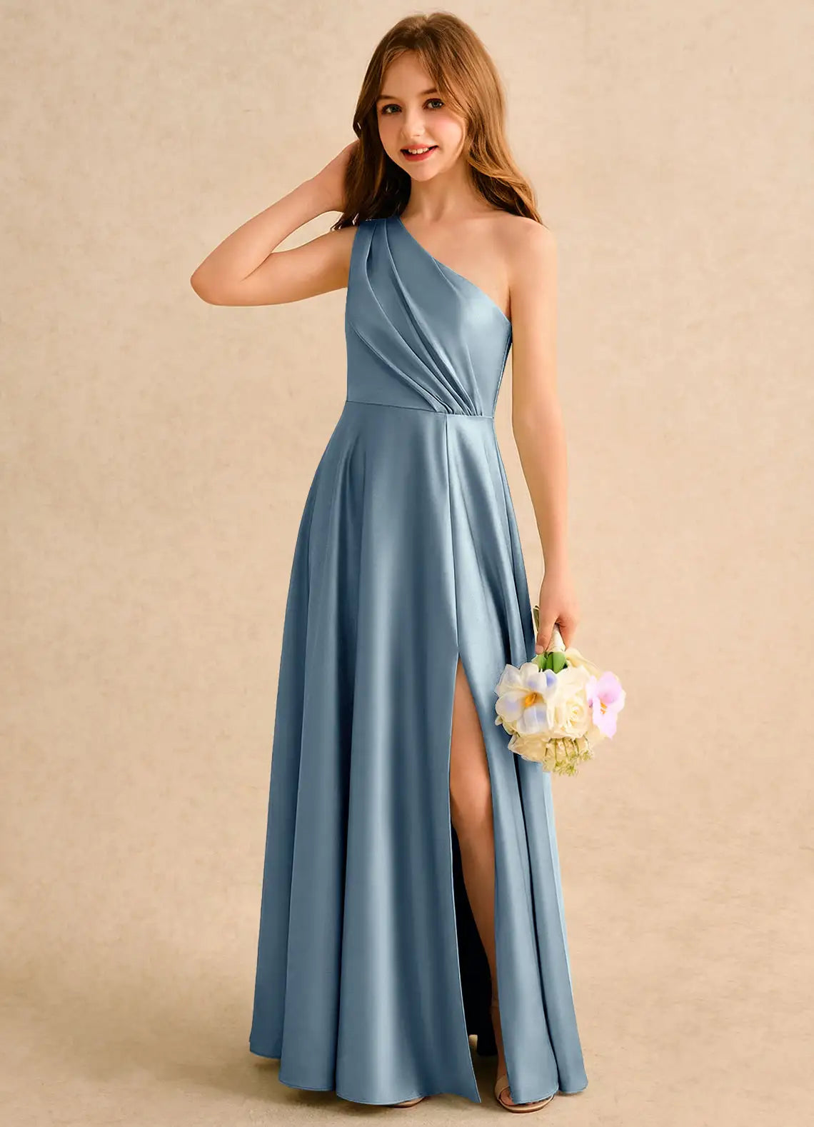 One Shoulder Ruched Back Self-Tie Bow Dusty Blue Satin Slit Full Length Junior Bridesmaid Dresses