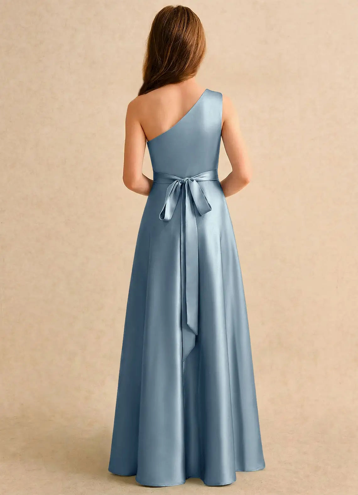One Shoulder Ruched Back Self-Tie Bow Dusty Blue Satin Slit Full Length Junior Bridesmaid Dresses