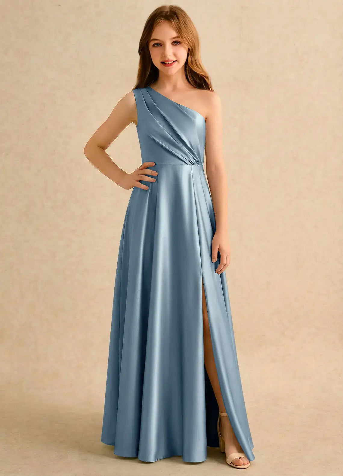 One Shoulder Ruched Back Self-Tie Bow Dusty Blue Satin Slit Full Length Junior Bridesmaid Dresses