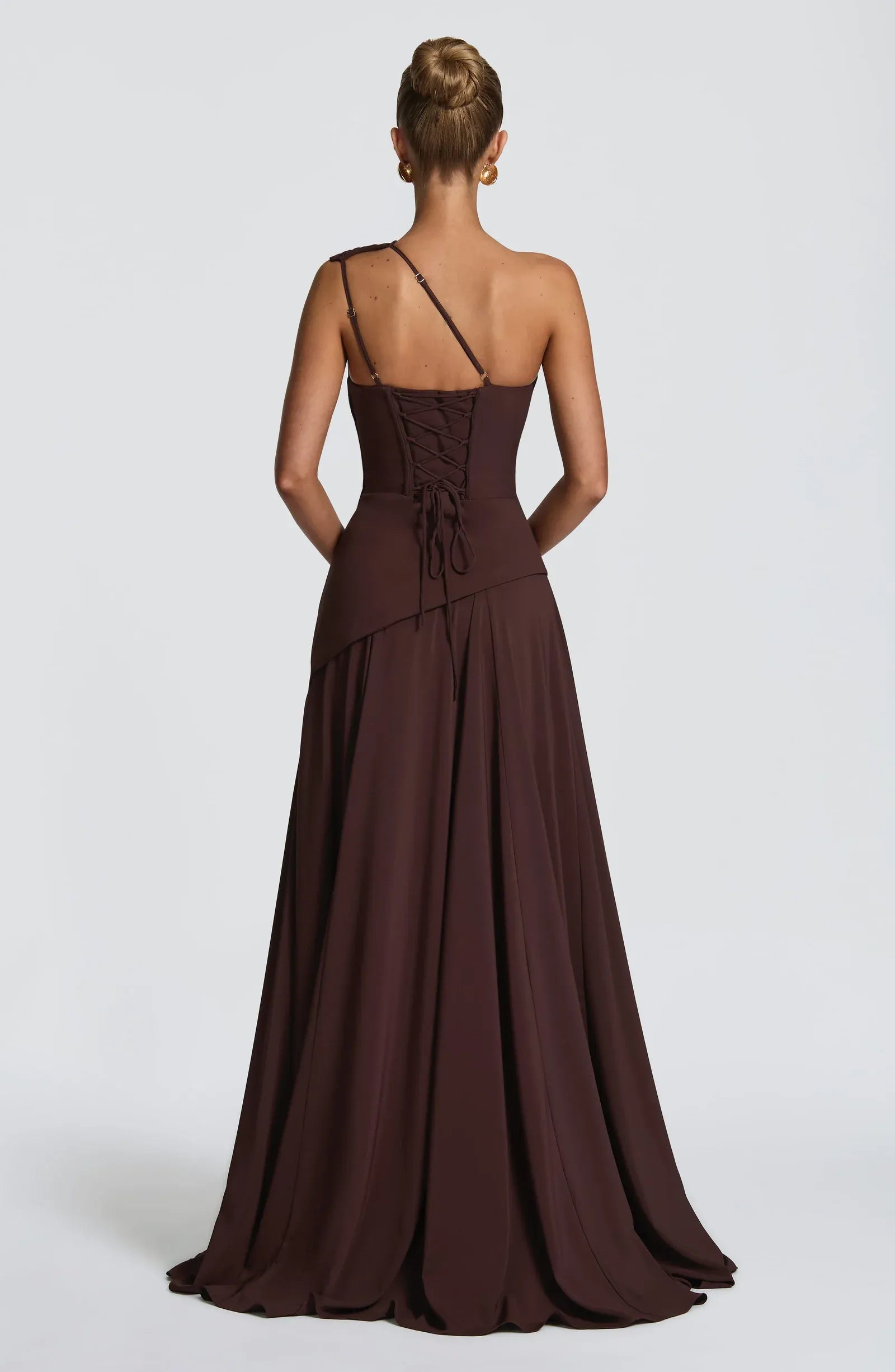 One Shoulder Ruched Bodice Flowy A Line Train Dark Brown Crepe Maxi Wedding Guest Dresses