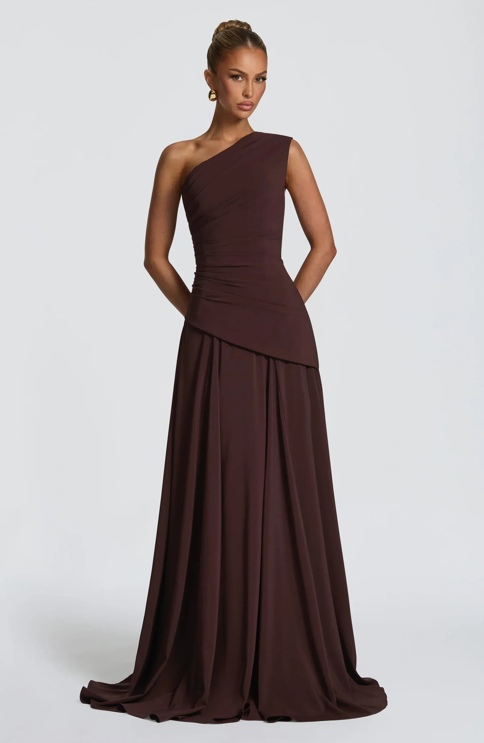 One Shoulder Ruched Bodice Flowy A Line Train Dark Brown Crepe Maxi Wedding Guest Dresses