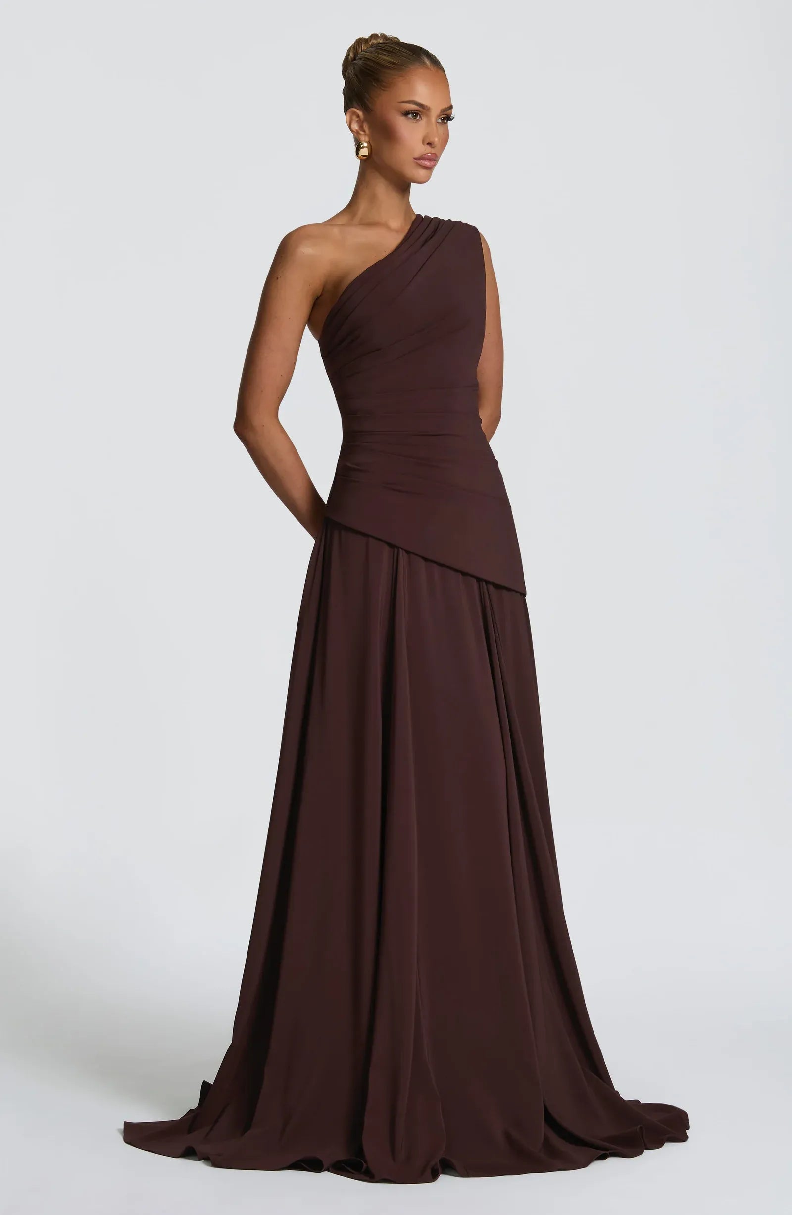 One Shoulder Ruched Bodice Flowy A Line Train Dark Brown Crepe Maxi Wedding Guest Dresses