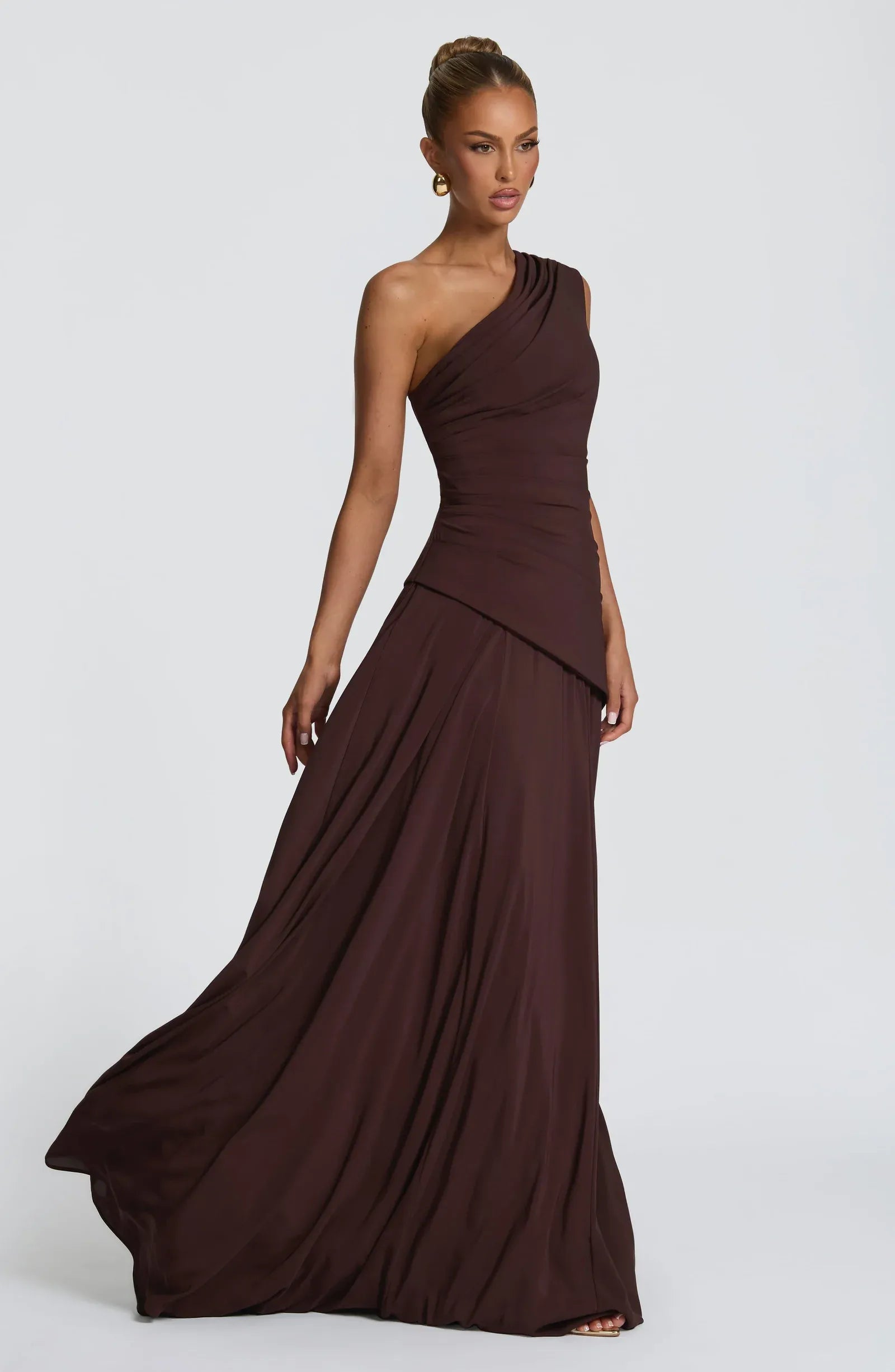 One Shoulder Ruched Bodice Flowy A Line Train Dark Brown Crepe Maxi Wedding Guest Dresses