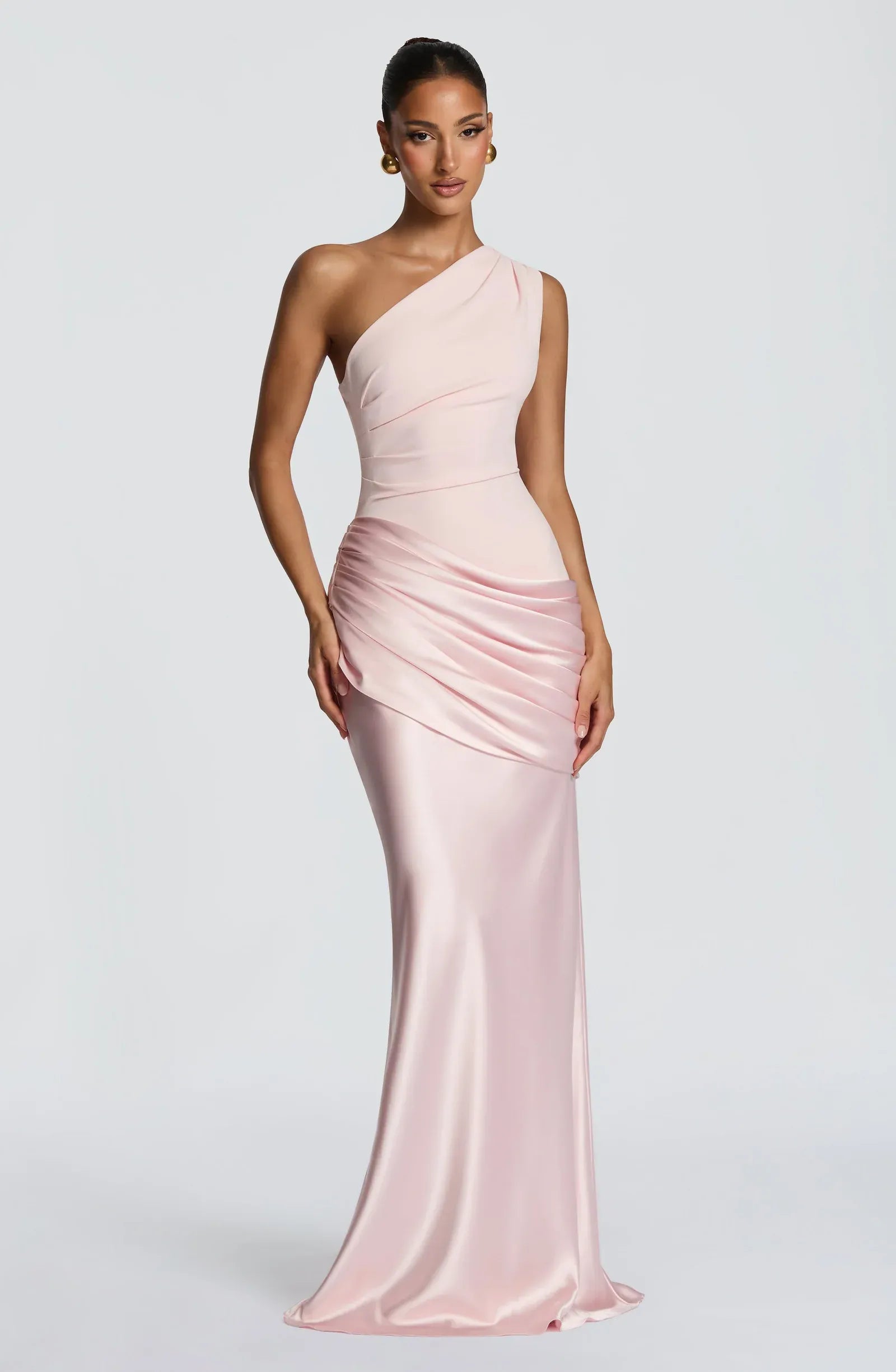 One Shoulder Ruched Bodice Mixed Fabric Draped Waist Plain Slit Blush Satin Mermaid Maxi Wedding Guest Dresses