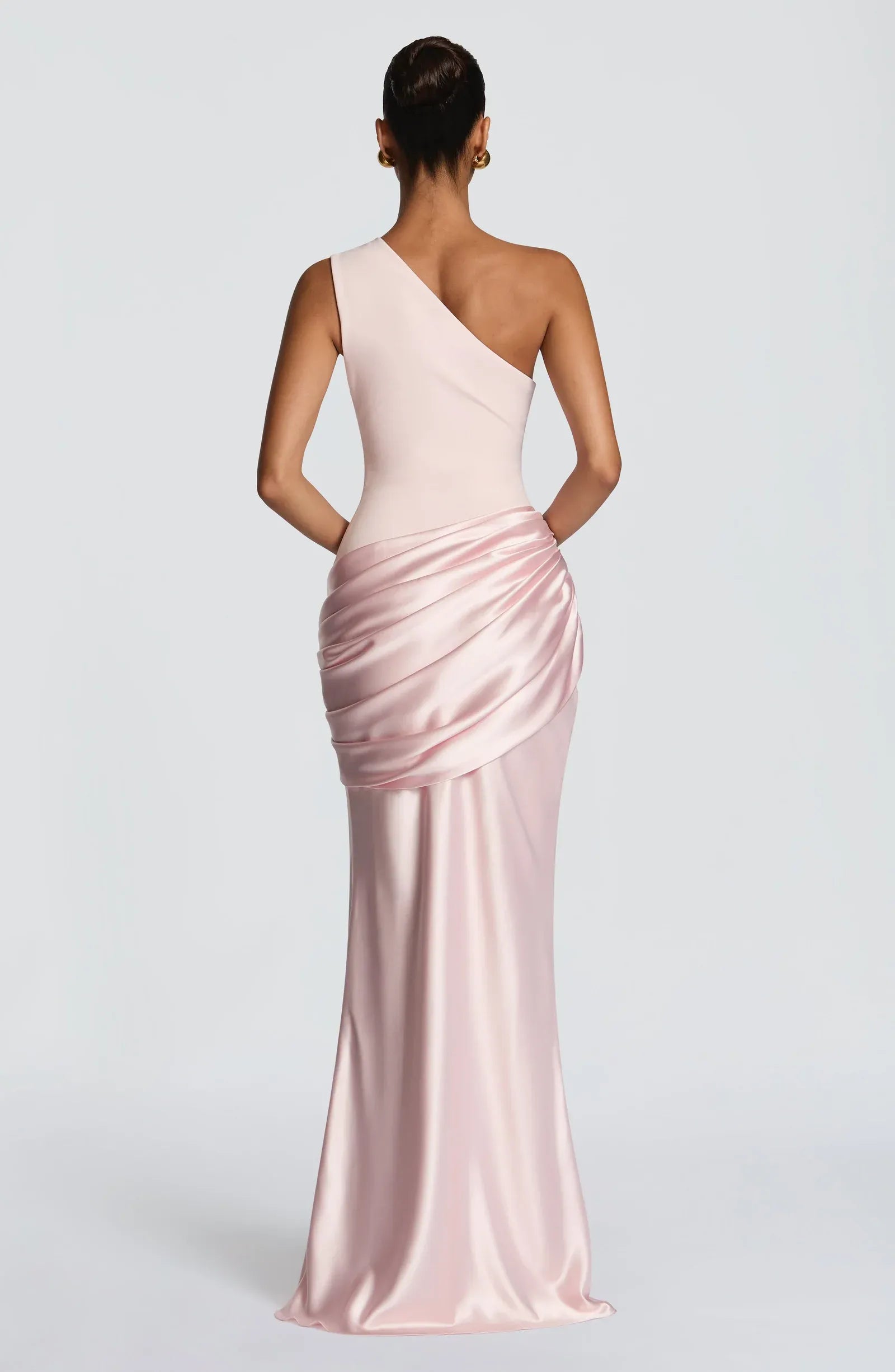 One Shoulder Ruched Bodice Mixed Fabric Draped Waist Plain Slit Blush Satin Mermaid Maxi Wedding Guest Dresses