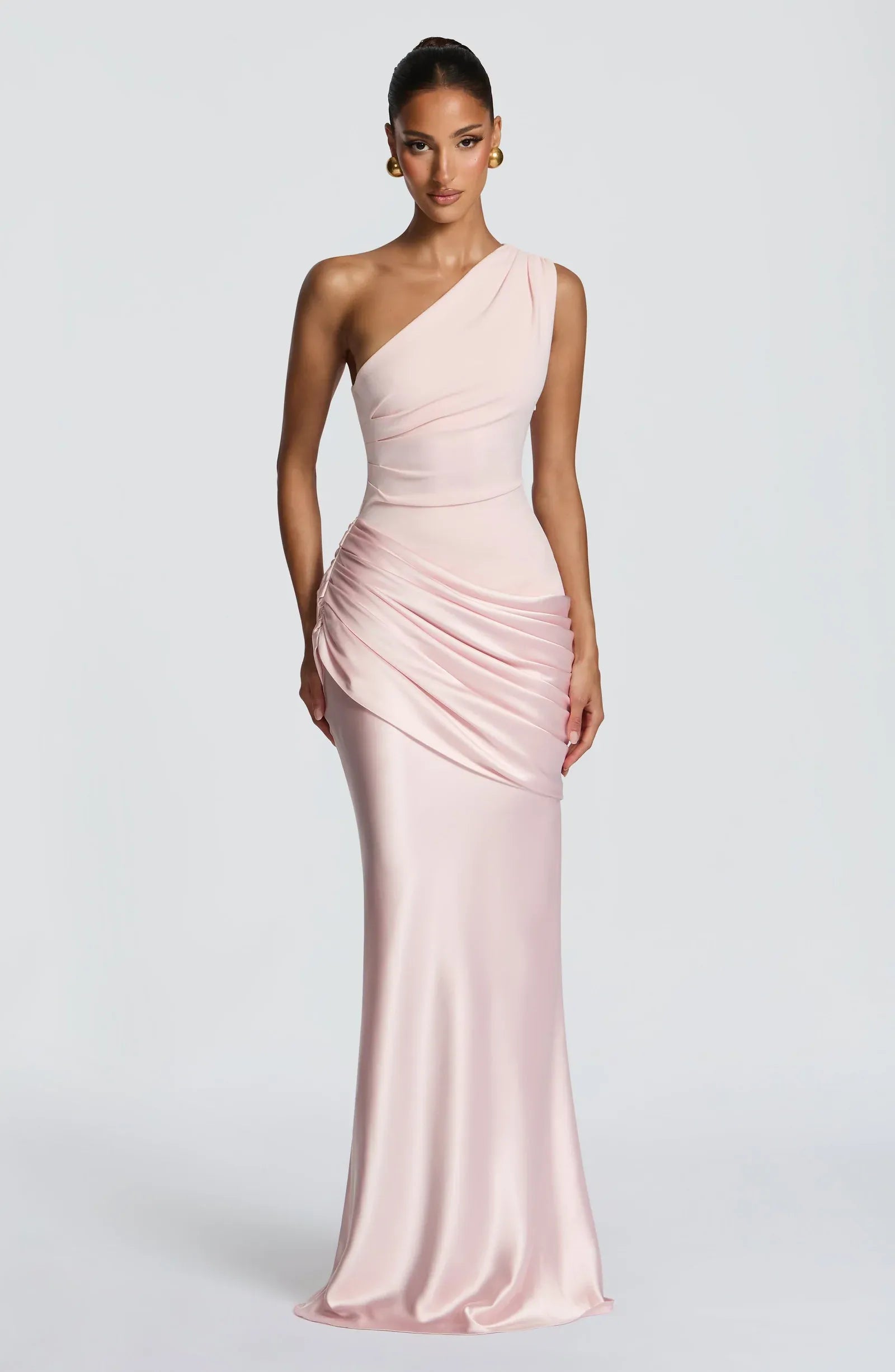 One Shoulder Ruched Bodice Mixed Fabric Draped Waist Plain Slit Blush Satin Mermaid Maxi Wedding Guest Dresses