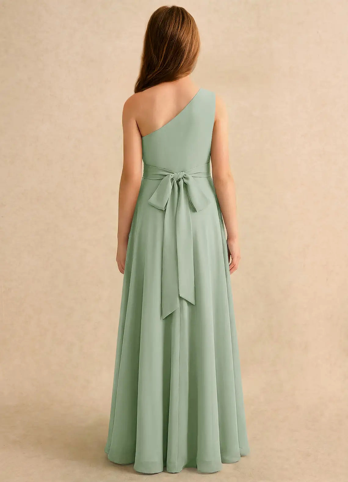 One-Shoulder Ruched Back Self-Tie Bow Front Slit Sage Green Chiffon Full-Length Junior Bridesmaid Dresses