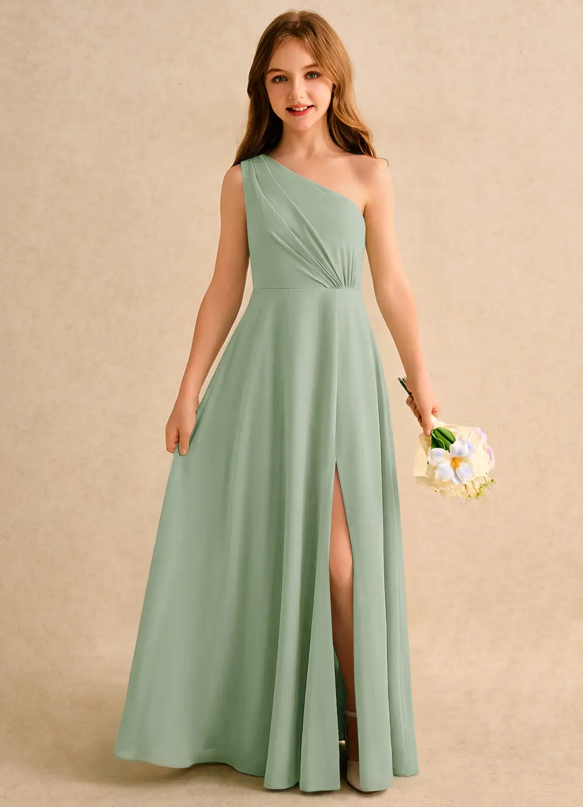 One-Shoulder Ruched Back Self-Tie Bow Front Slit Sage Green Chiffon Full-Length Junior Bridesmaid Dresses