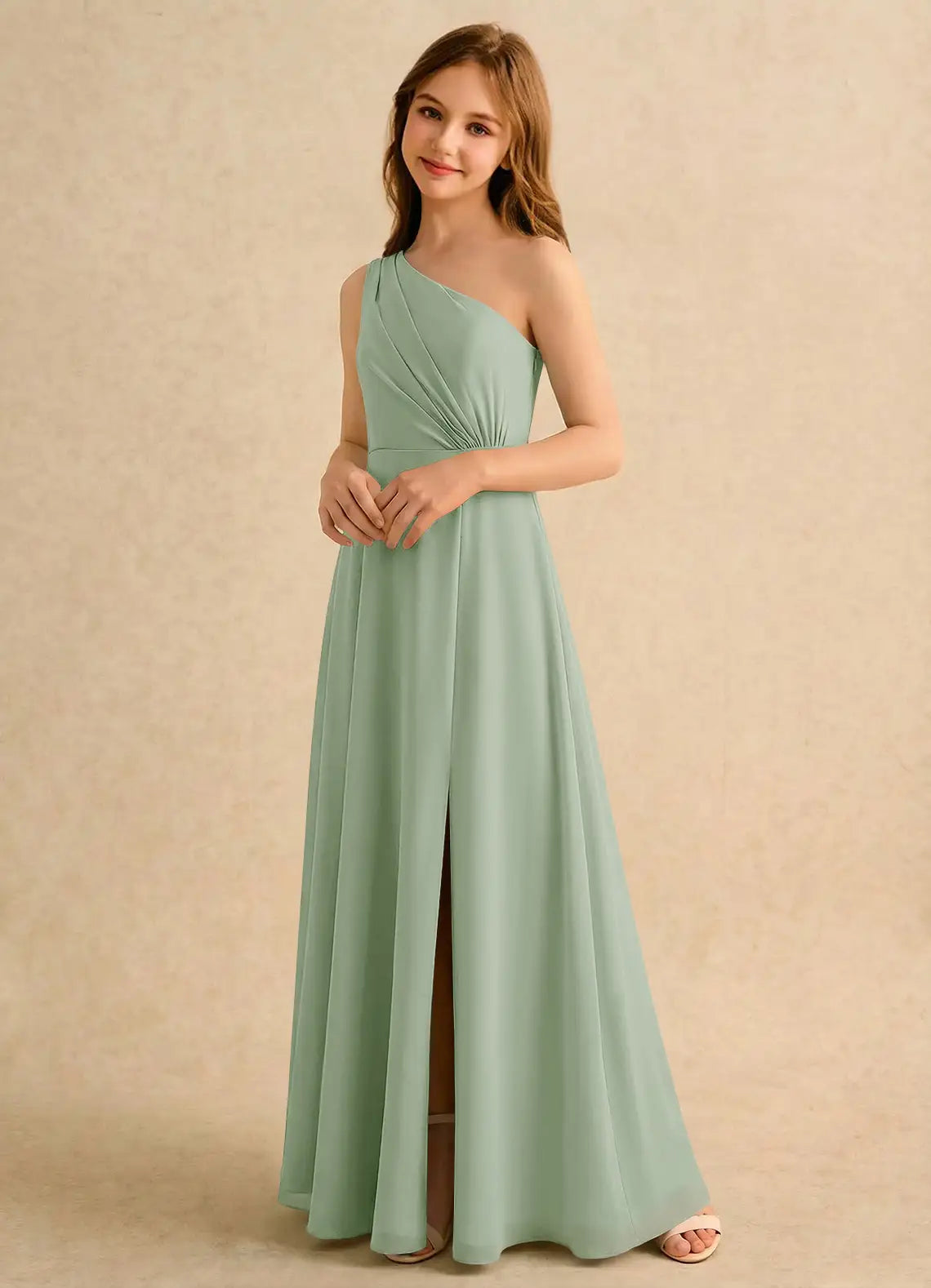 One-Shoulder Ruched Back Self-Tie Bow Front Slit Sage Green Chiffon Full-Length Junior Bridesmaid Dresses