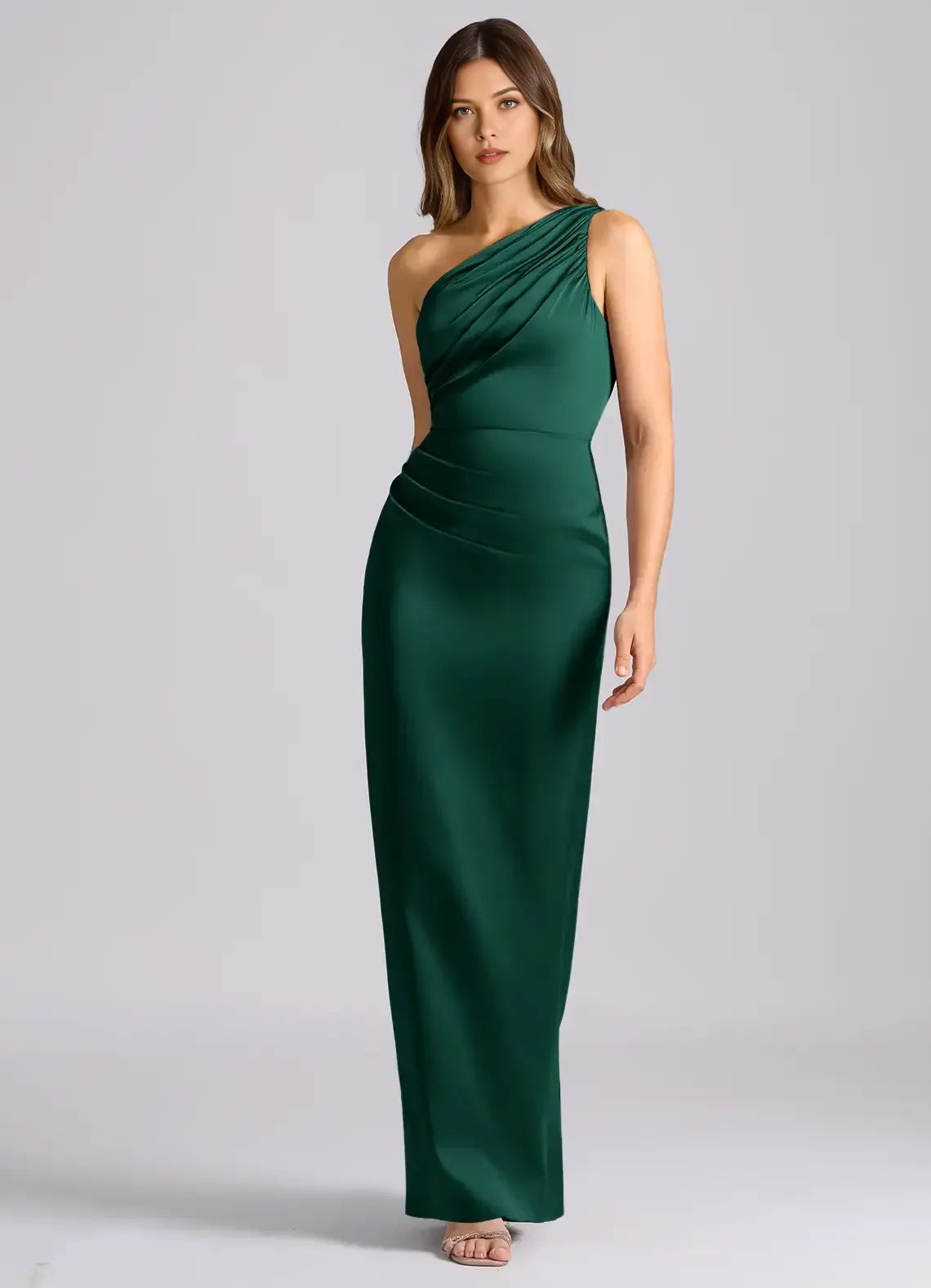 One Shoulder Ruched Fitted Mermaid Satin Long Bridesmaid Dress
