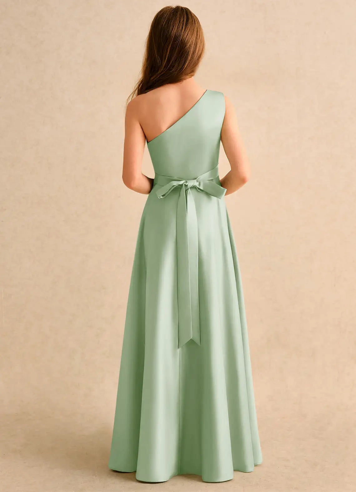 One Shoulder Ruched Sage Green Satin Full-Length Junior Bridesmaid Dresses with Back Sash Bow