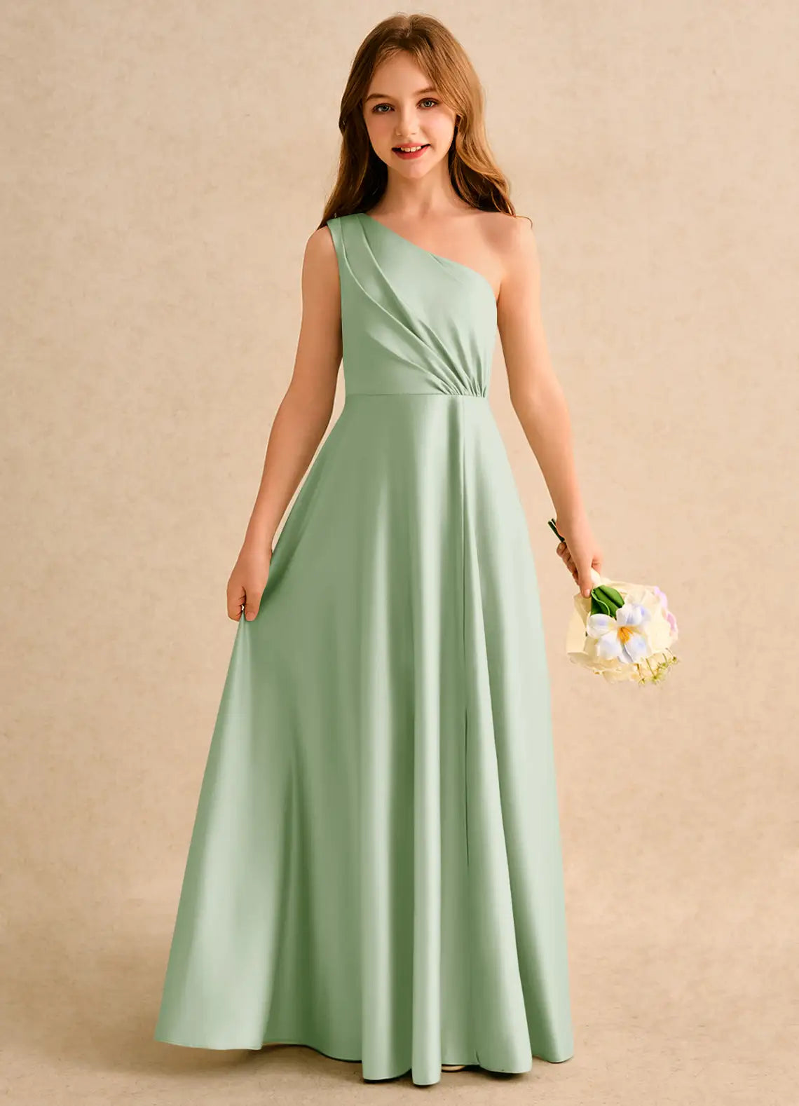 One Shoulder Ruched Sage Green Satin Full-Length Junior Bridesmaid Dresses with Back Sash Bow