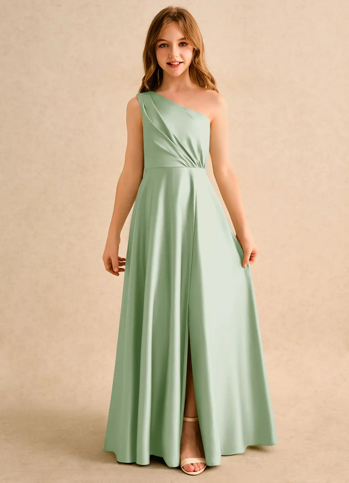 One Shoulder Ruched Sage Green Satin Full-Length Junior Bridesmaid Dresses with Back Sash Bow