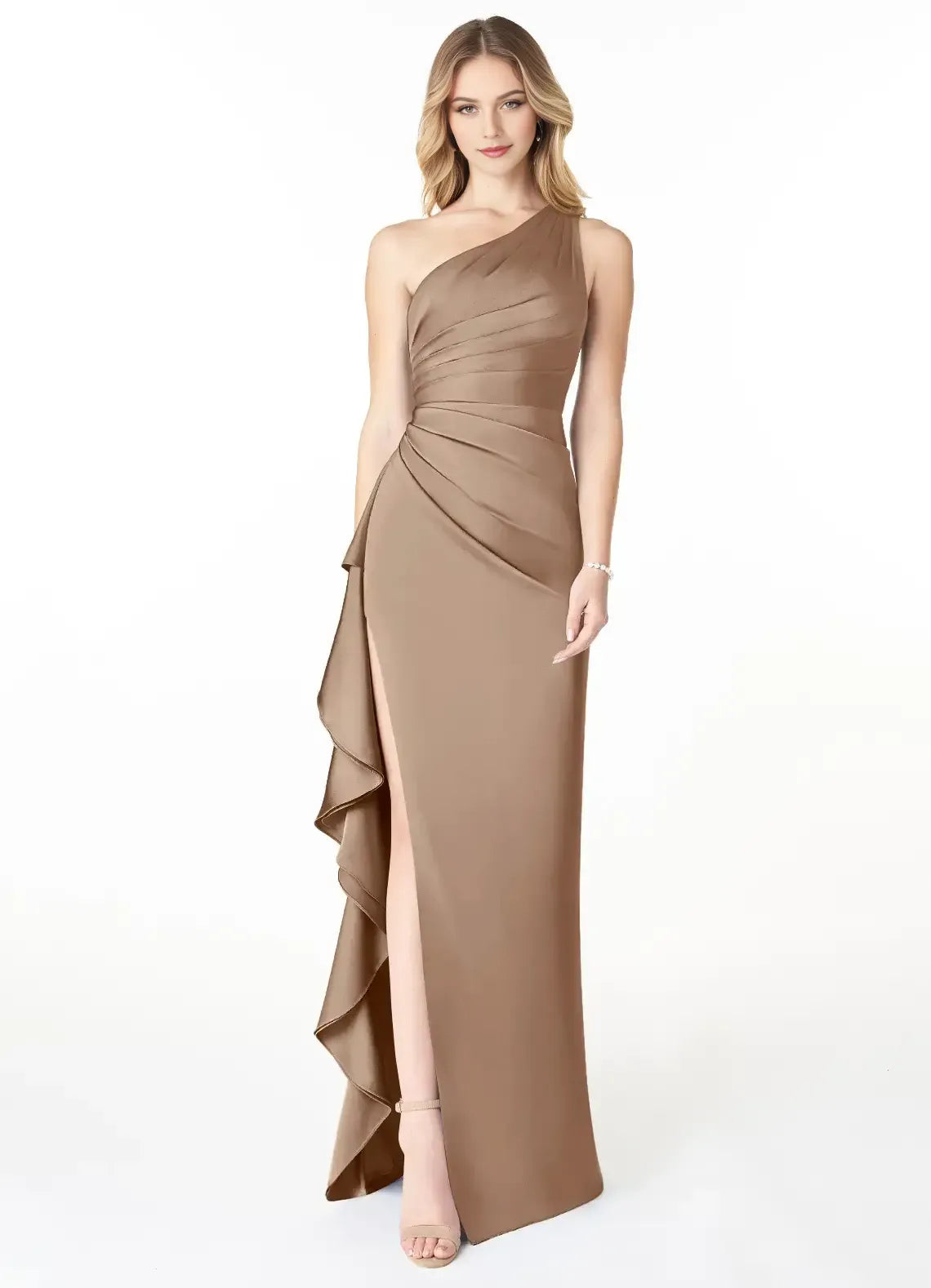 One Shoulder Ruched Side Ruffle High Slit Mermaid Satin Long Bridesmaid Dress