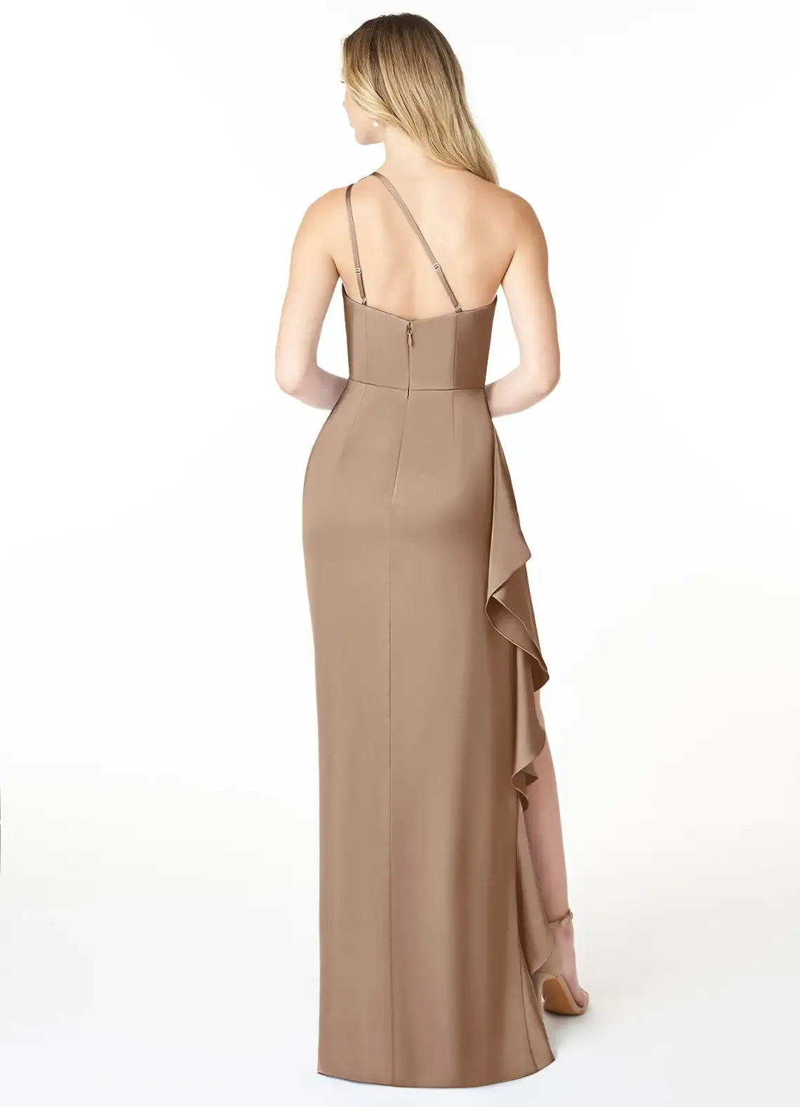 One Shoulder Ruched Side Ruffle High Slit Mermaid Satin Long Bridesmaid Dress