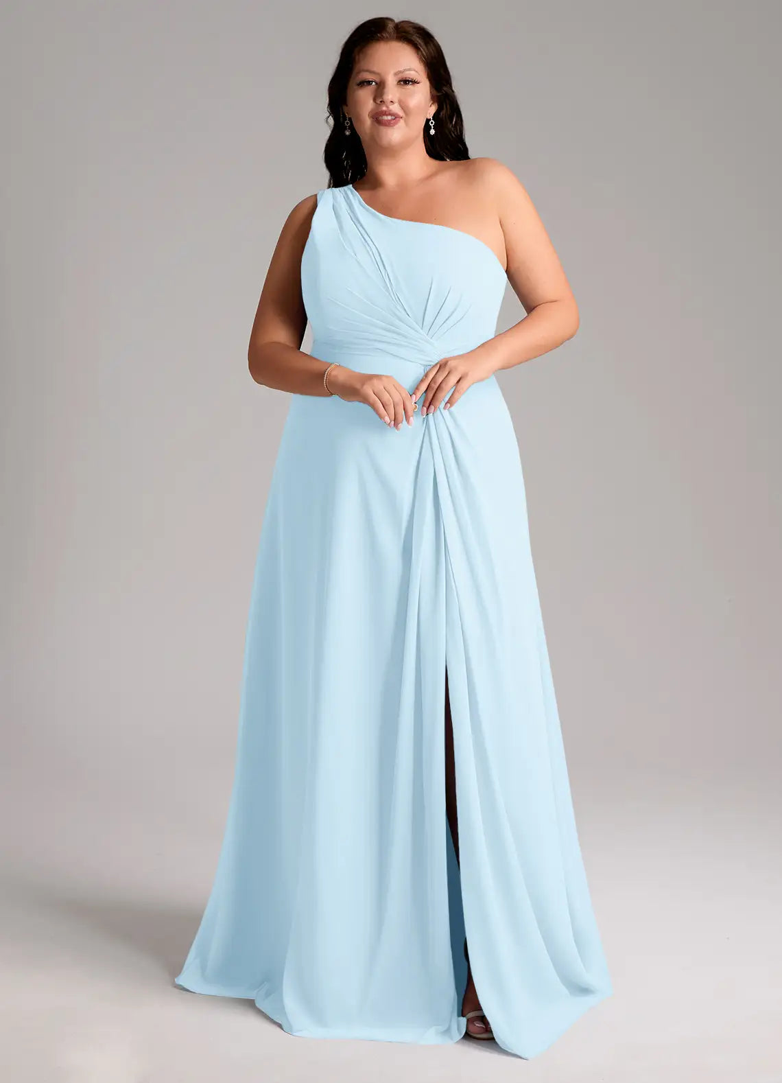 One-Shoulder Ruched Slit Floor-Length Bridesmaid Dress