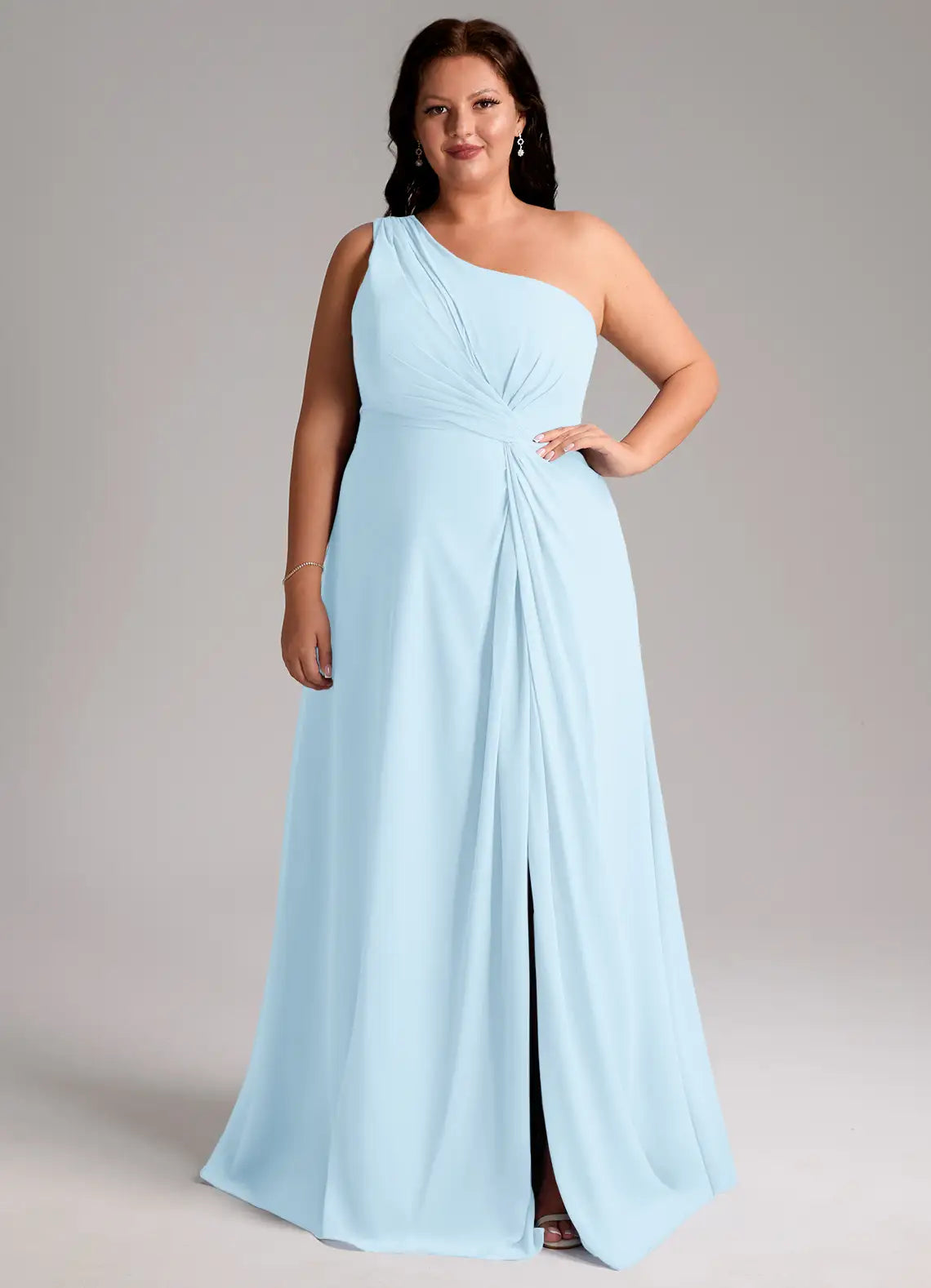 One-Shoulder Ruched Slit Floor-Length Bridesmaid Dress