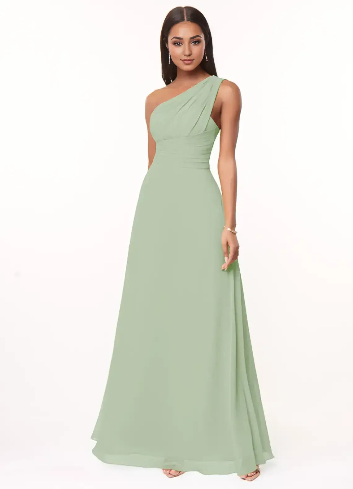 One Shoulder Ruched Waist A Line Chiffon Long Bridesmaid Dress