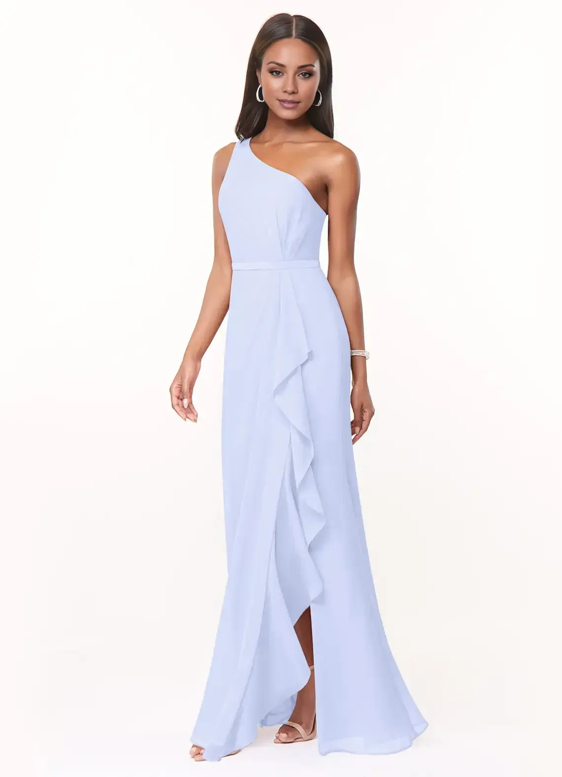 One Shoulder Ruffle High Slit A Line Chiffon Long Bridesmaid Dress