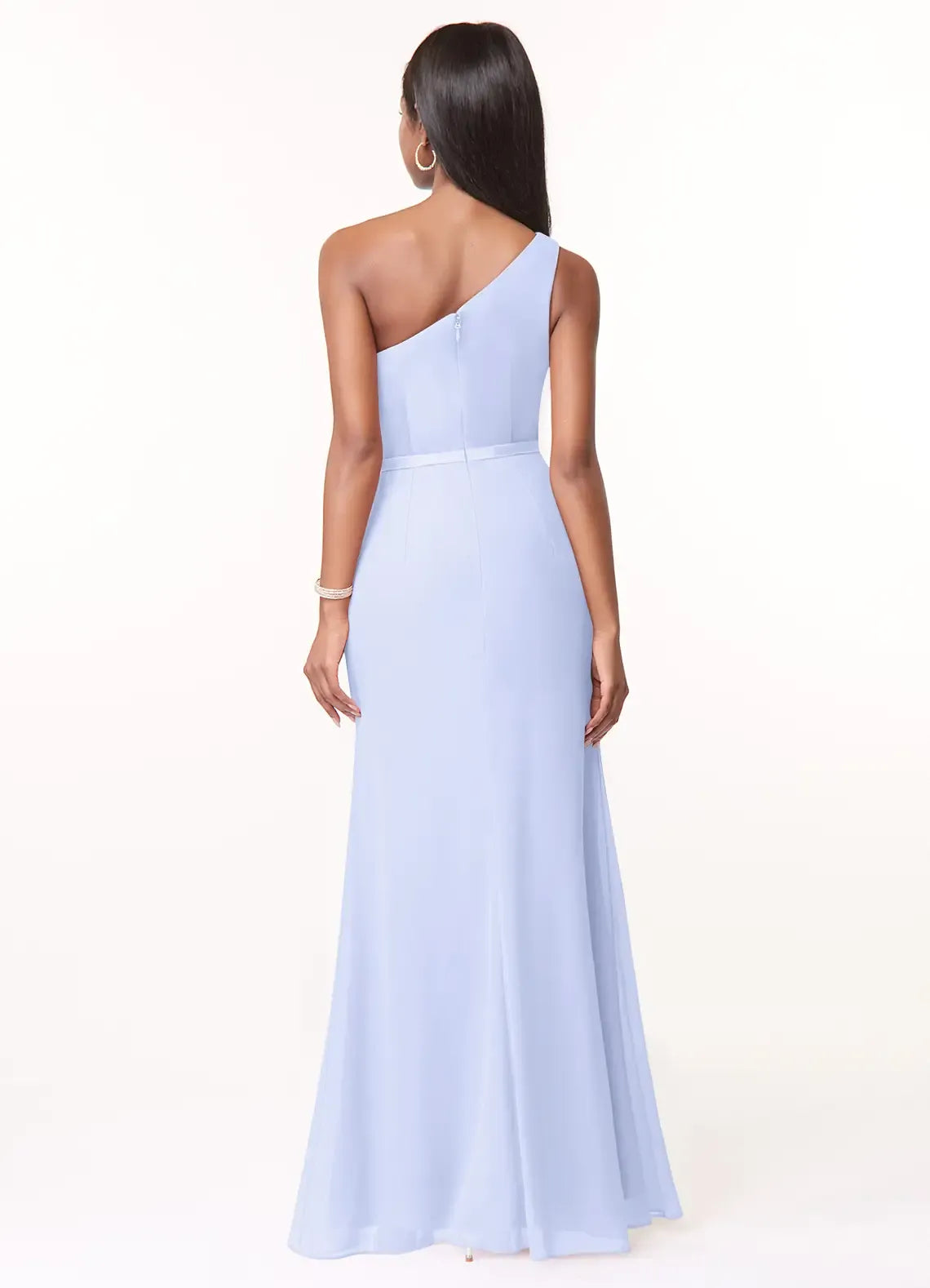 One Shoulder Ruffle High Slit A Line Chiffon Long Bridesmaid Dress