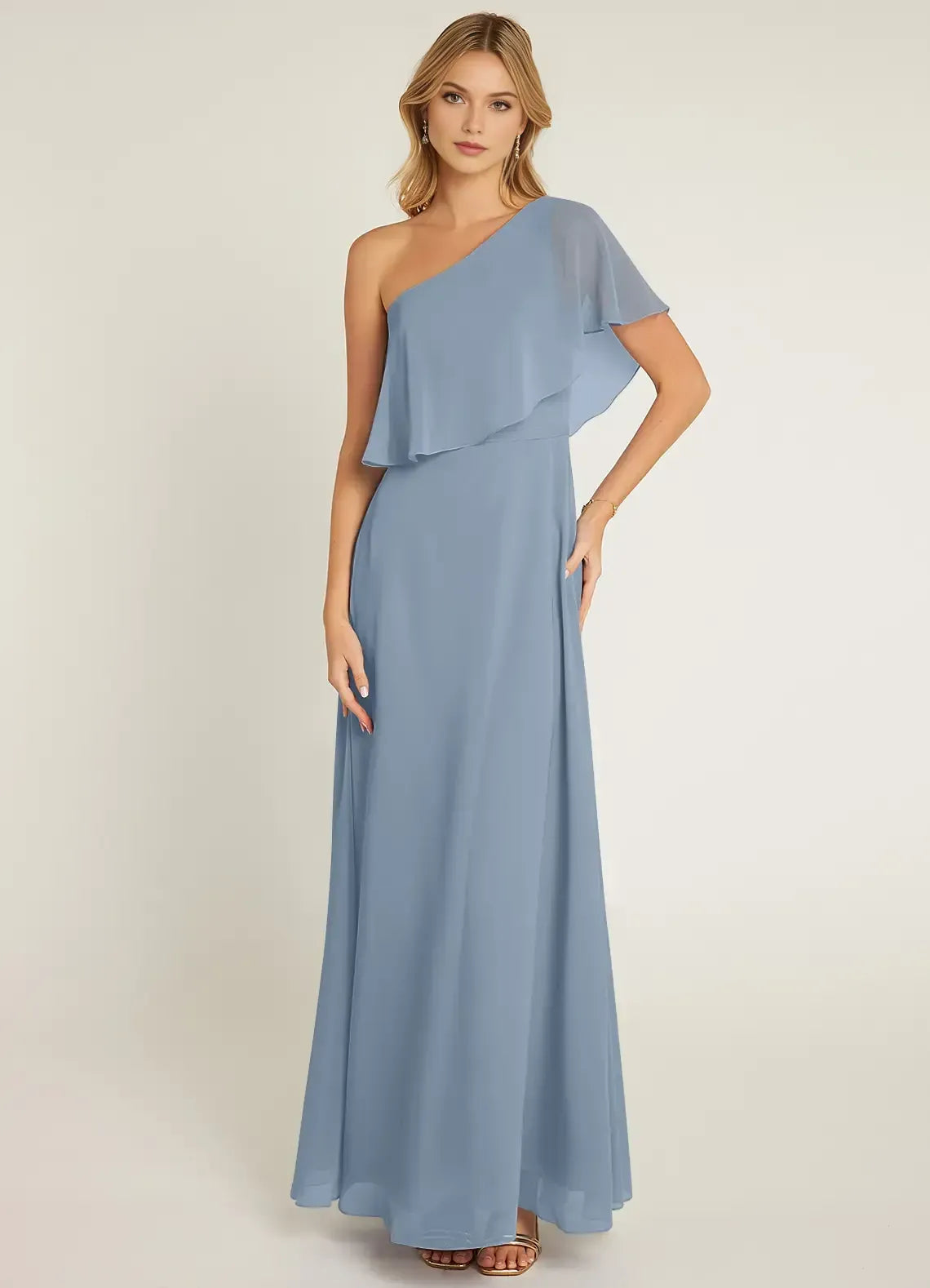 One Shoulder Ruffle Sleeve A Line Chiffon Long Bridesmaid Dress