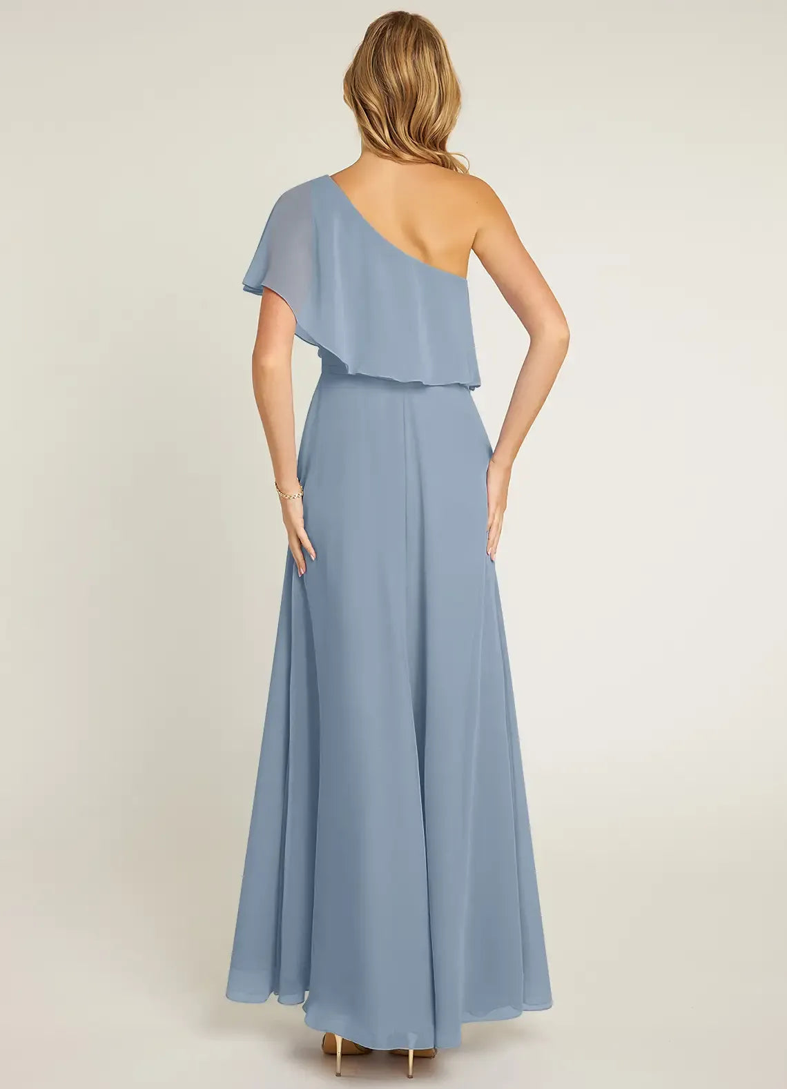 One Shoulder Ruffle Sleeve A Line Chiffon Long Bridesmaid Dress