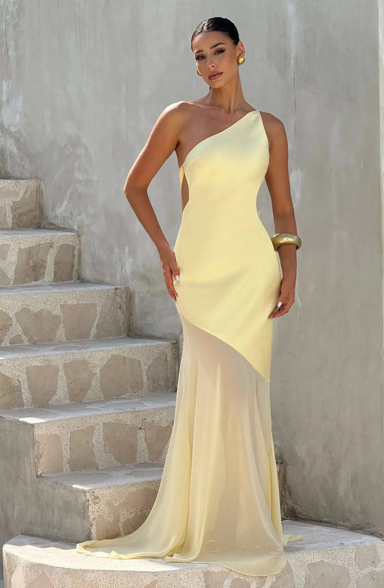One Shoulder Side Cutout Back Tie Two-Tier Chiffon Satin Mermaid Maxi Wedding Guest Dresses