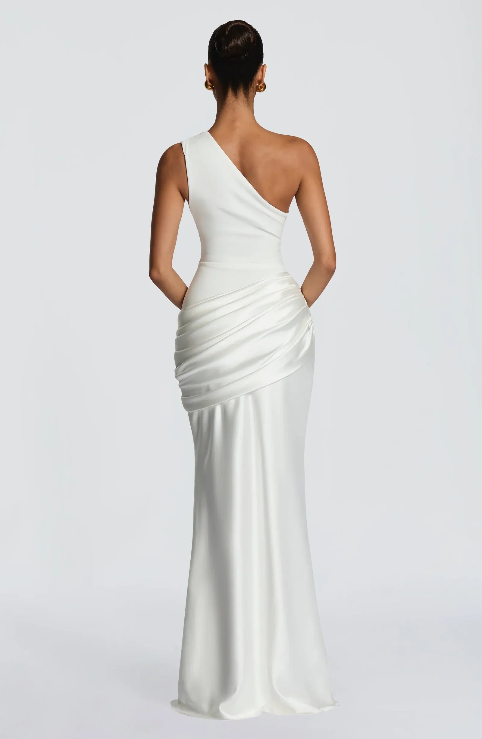 One Shoulder Side Draped Ruched White Satin Mermaid Maxi Wedding Guest Dresses