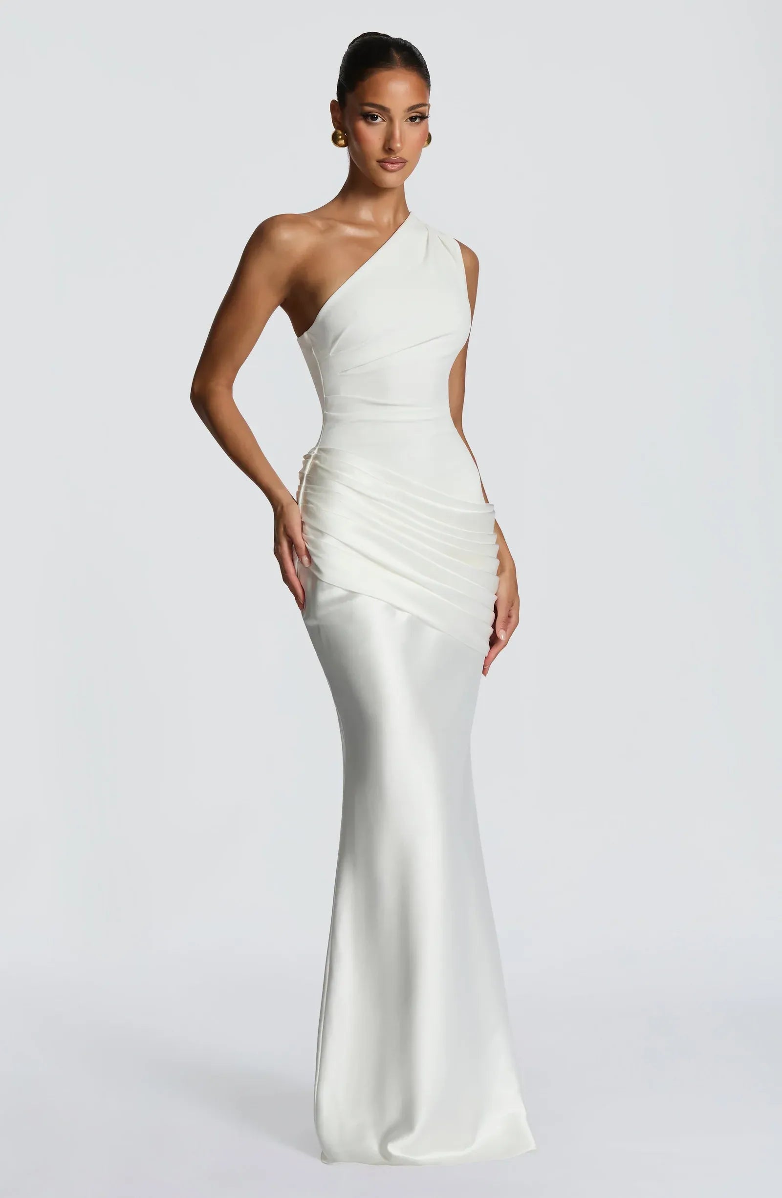 One Shoulder Side Draped Ruched White Satin Mermaid Maxi Wedding Guest Dresses